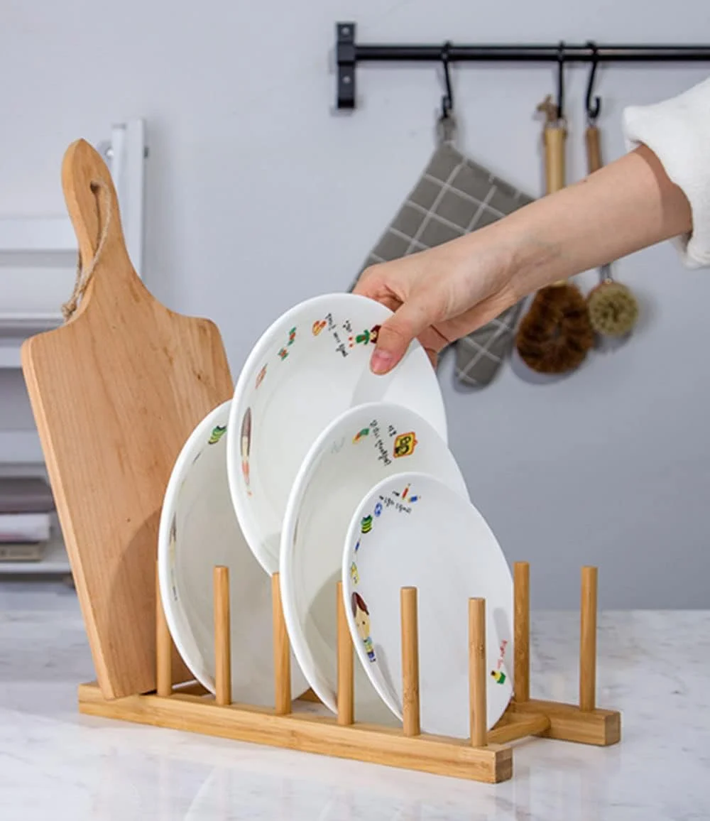 جای خشک کن ظروف بامبو Lawei، بسته 4 عددی، جای بشقاب، نگهدارنده درب قابلمه، قفسه سازمان دهنده ظروف برای بشقاب ها، فنجان ها، کاسه ها، ظرف ها، تخته برش، آبچکان، سازمان دهنده کابینت آشپزخانه