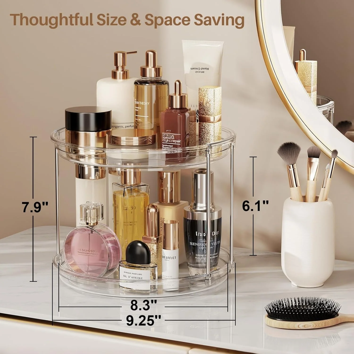 LAMU 2 Tier Lazy Susan Turntable Organizer 9.25'' Rotating Spice Rack Organization for Cabinet, Kitchen Pantry Organizer, Countertop, Spining Makeup Organizer for Bathroom Vanity, Clear
