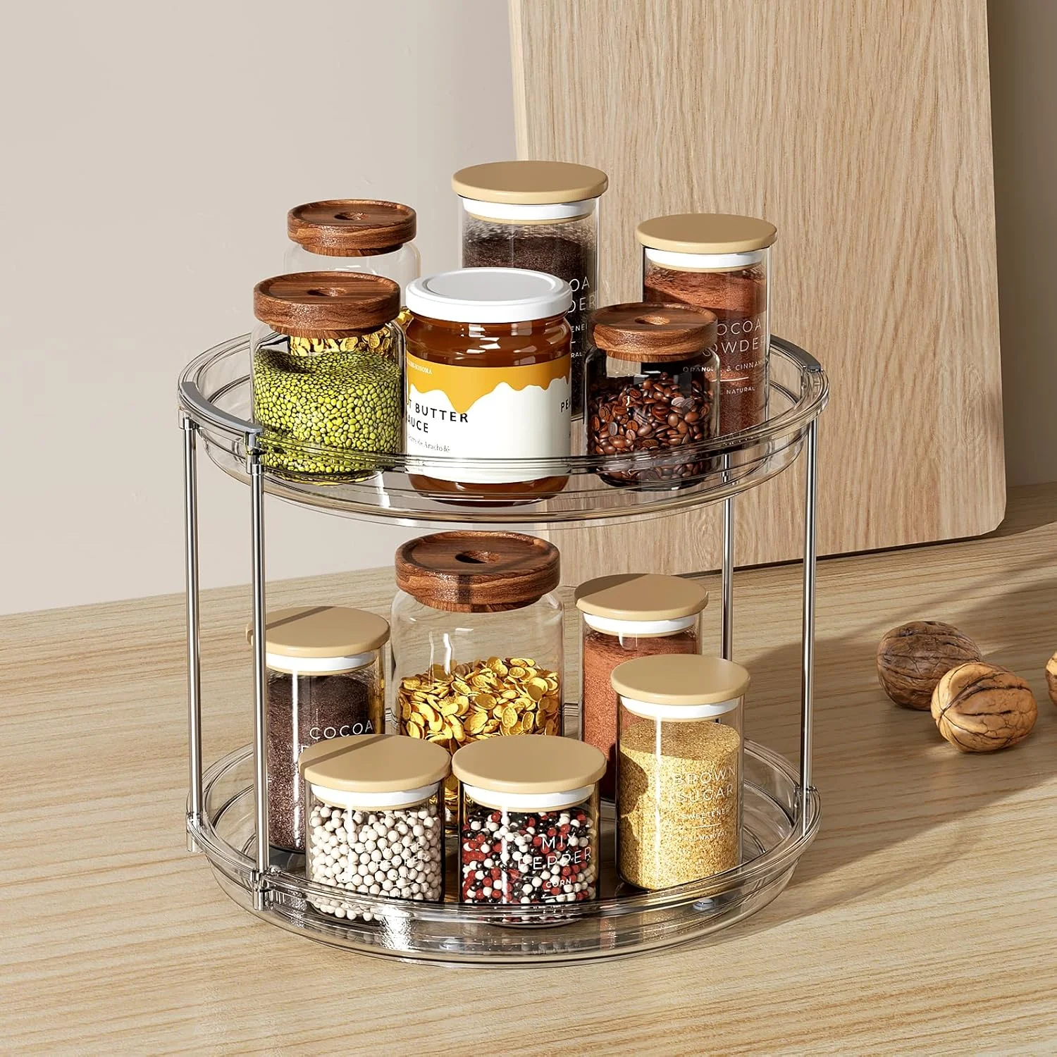 LAMU 2 Tier Lazy Susan Turntable Organizer 9.25'' Rotating Spice Rack Organization for Cabinet, Kitchen Pantry Organizer, Countertop, Spining Makeup Organizer for Bathroom Vanity, Clear