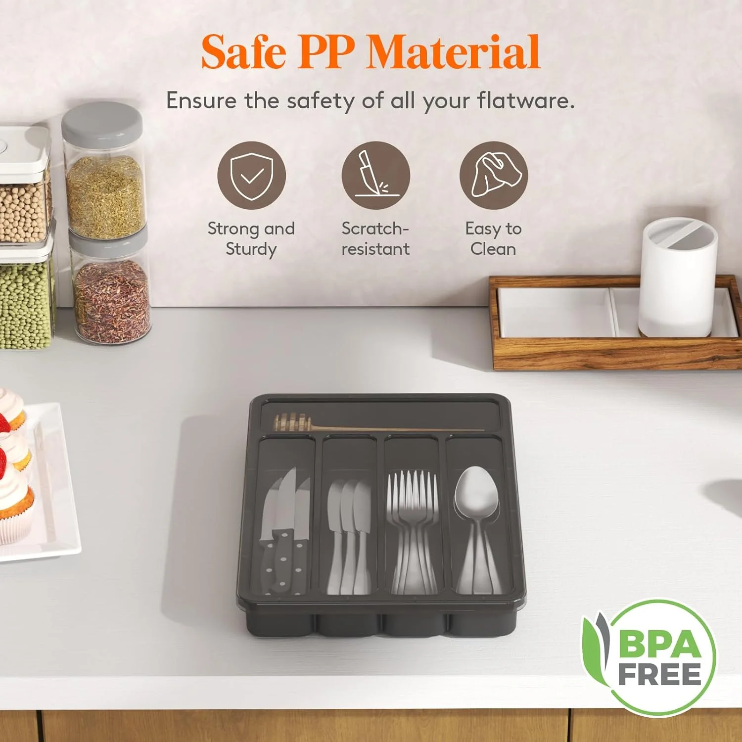 جا قاشقی درب دار Lifewit، سینی پوشیده برای کشو و روی کابینت آشپزخانه، جعبه نگهداری قاشق، چنگال و چاقو، 5 محفظه، مشکی جا قاشقی درب دار Lifewit، سینی پوشیده برای کشو و روی کابینت آشپزخانه، جعبه نگهداری قاشق، چنگال و چاقو، 5 محفظه، مشکی