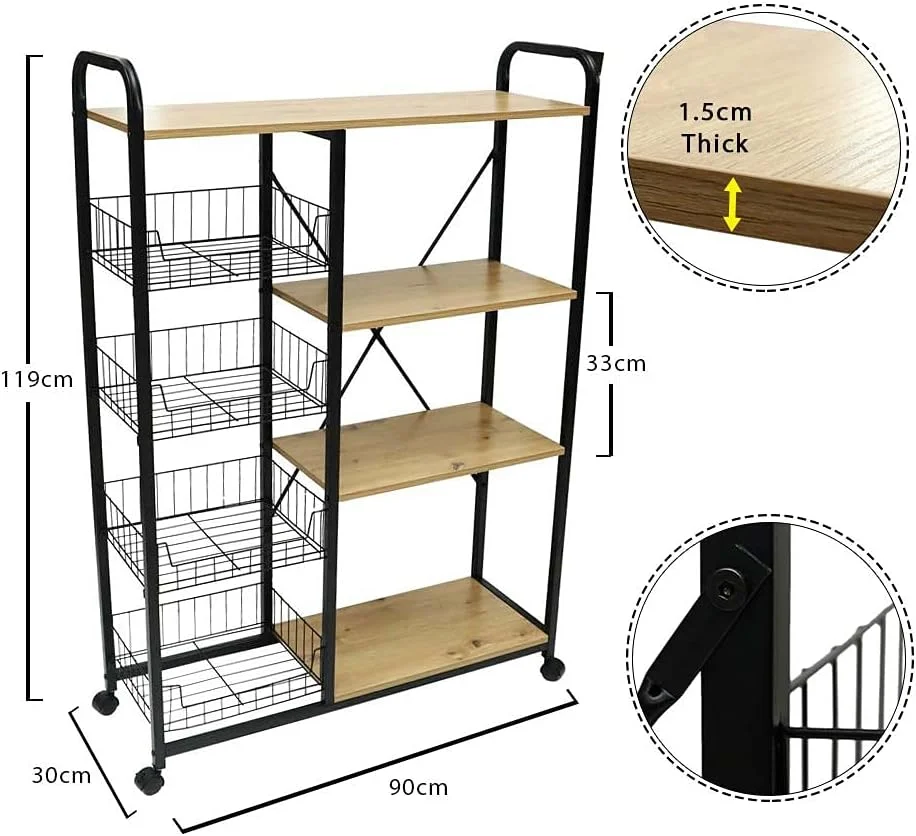 ترولی آشپزخانه 4 طبقه YATAI، قفسه ذخیره سازی چند منظوره آشپزخانه با سبدهای توری و قفسه های چوبی، ترولی سرو چرخ دار صرفه جویی در فضا برای میوه، سبزیجات، ظروف، انبار، اتاق، خانه اداری ترولی آشپزخانه 4 طبقه YATAI، قفسه ذخیره سازی چند منظوره آشپزخانه با سبدهای توری و قفسه های چوبی، ترولی سرو چرخ دار صرفه جویی در فضا برای میوه، سبزیجات، ظروف، انبار، اتاق، خانه اداری