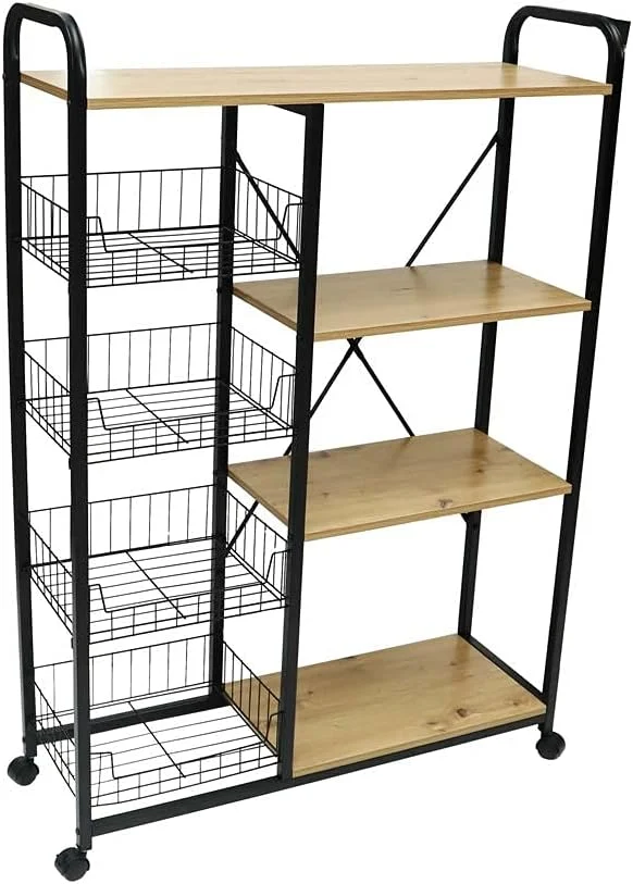 ترولی آشپزخانه 4 طبقه YATAI، قفسه ذخیره سازی چند منظوره آشپزخانه با سبدهای توری و قفسه های چوبی، ترولی سرو چرخ دار صرفه جویی در فضا برای میوه، سبزیجات، ظروف، انبار، اتاق، خانه اداری ترولی آشپزخانه 4 طبقه YATAI، قفسه ذخیره سازی چند منظوره آشپزخانه با سبدهای توری و قفسه های چوبی، ترولی سرو چرخ دار صرفه جویی در فضا برای میوه، سبزیجات، ظروف، انبار، اتاق، خانه اداری