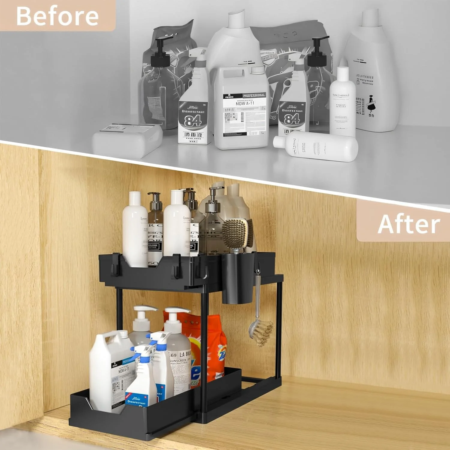 ارگانایزر دو طبقه زیر سینک KOVEO با سبد کشویی، مناسب برای کابینت حمام و آشپزخانه، قفسه صرفه جویی در فضا برای کابینت حمام و آشپزخانه، بادوام و نصب آسان ارگانایزر دو طبقه زیر سینک KOVEO با سبد کشویی، مناسب برای کابینت حمام و آشپزخانه، قفسه صرفه جویی در فضا برای کابینت حمام و آشپزخانه، بادوام و نصب آسان