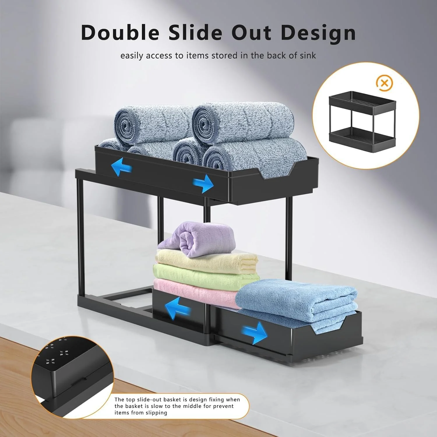 ارگانایزر دو طبقه زیر سینک KOVEO با سبد کشویی، مناسب برای کابینت حمام و آشپزخانه، قفسه صرفه جویی در فضا برای کابینت حمام و آشپزخانه، بادوام و نصب آسان ارگانایزر دو طبقه زیر سینک KOVEO با سبد کشویی، مناسب برای کابینت حمام و آشپزخانه، قفسه صرفه جویی در فضا برای کابینت حمام و آشپزخانه، بادوام و نصب آسان