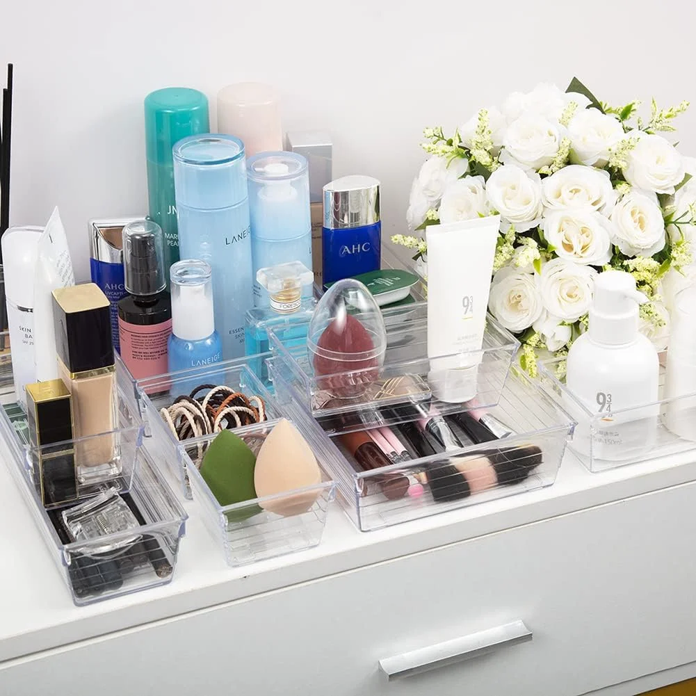 ارگانایزر کشو پلاستیکی شفاف Kutesna، 14 تکه، سینی تقسیم کننده ارگانایزر بزرگ در 4 سایز برای آشپزخانه، حمام، لوازم آرایش ارگانایزر کشو پلاستیکی شفاف Kutesna، 14 تکه، سینی تقسیم کننده ارگانایزر بزرگ در 4 سایز برای آشپزخانه، حمام، لوازم آرایش