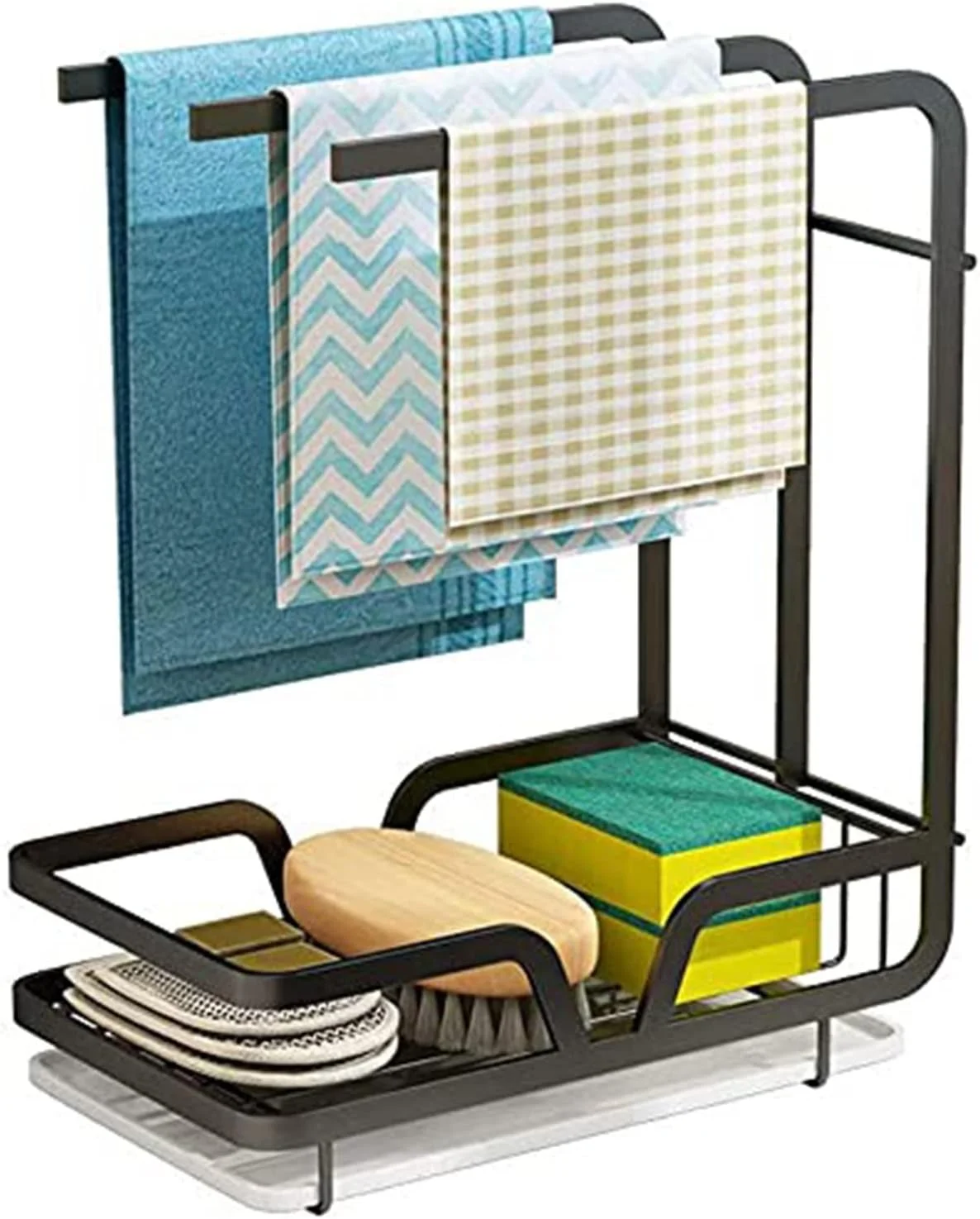 جا اسکاچی و نگهدارنده دستمال آشپزخانه Tapit، استند دستمال آشپزخانه، جا برس اسکاچ، جا صابونی، قفسه دستمال آشپزخانه، سازمان دهنده سینک برای روی میز آشپزخانه (مشکی)