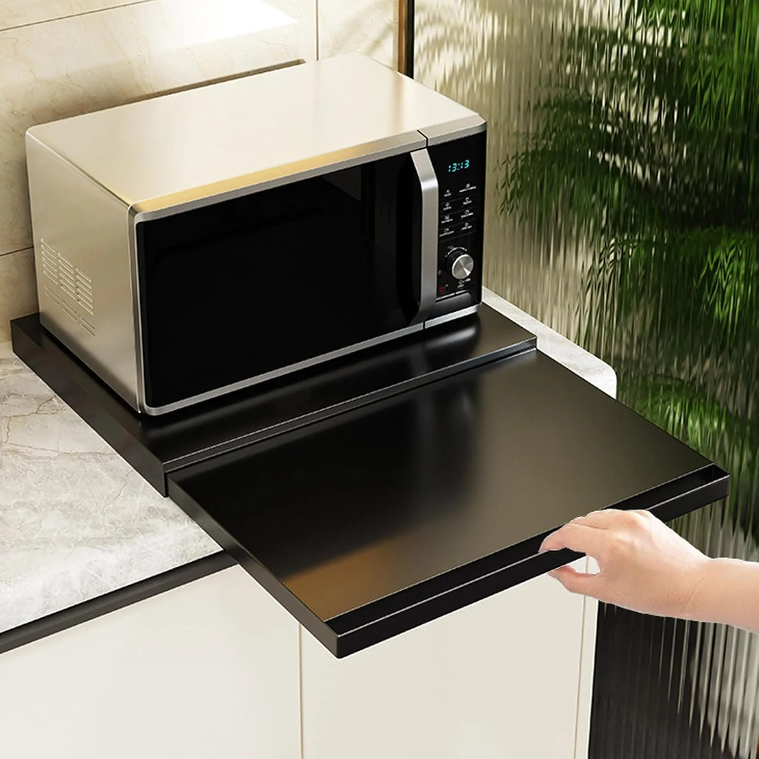 سینی کشویی ارگانایزر روی کابینت آشپزخانه، سینی کشویی برای نگهداری مایکروویو، استند قهوه ساز زیر کشوی فر، برای لوازم آشپزخانه (مشکی)