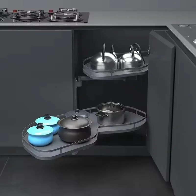 قفسه ذخیره سازی کابینت آشپزخانه، سبد گردان دو طبقه برای گوشه های کور، سبد استیل دو طبقه برای ظروف، سبد خاکستری - چپ