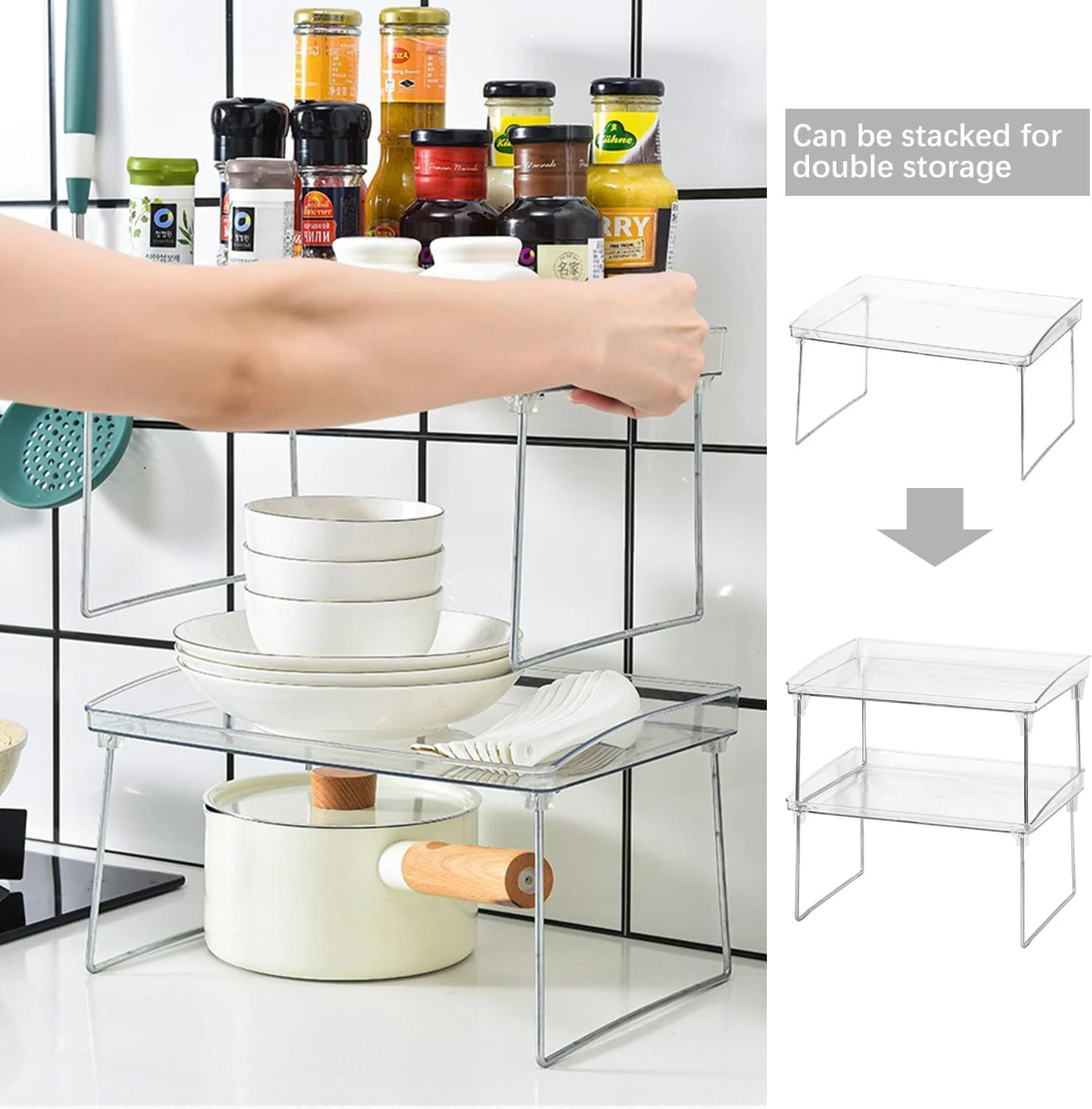 نگهدارنده کابینت آشپزخانه، قفسه آشپزخانه قابل انباشت، استند لیوان رومیزی دو طبقه شفاف برای حمام، نگهدارنده ادویه صرفه جویی در فضا برای انبار (دو طبقه) نگهدارنده کابینت آشپزخانه، قفسه آشپزخانه قابل انباشت، استند لیوان رومیزی دو طبقه شفاف برای حمام، نگهدارنده ادویه صرفه جویی در فضا برای انبار (دو طبقه)