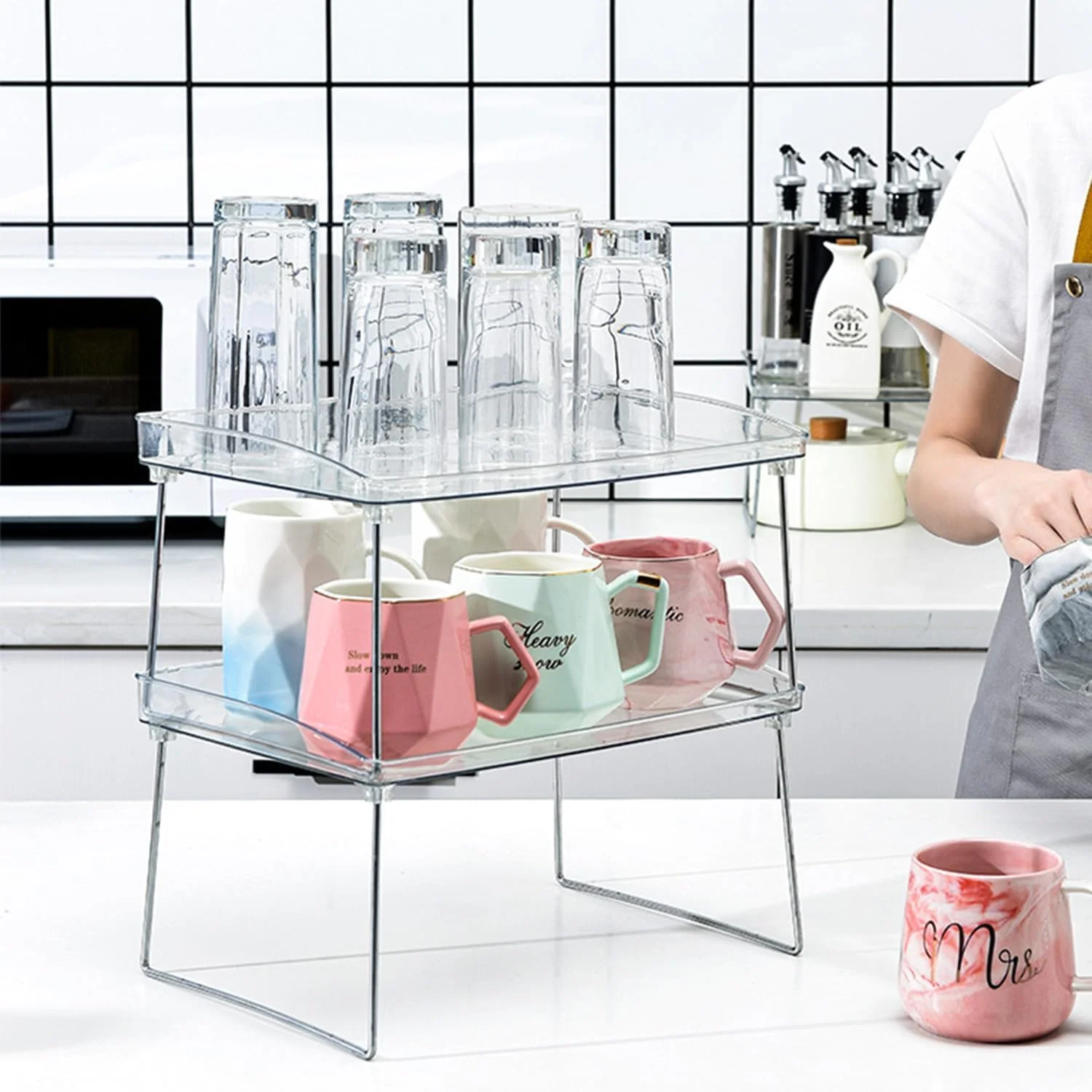 نگهدارنده کابینت آشپزخانه، قفسه آشپزخانه قابل انباشت، استند لیوان رومیزی دو طبقه شفاف برای حمام، نگهدارنده ادویه صرفه جویی در فضا برای انبار (دو طبقه) نگهدارنده کابینت آشپزخانه، قفسه آشپزخانه قابل انباشت، استند لیوان رومیزی دو طبقه شفاف برای حمام، نگهدارنده ادویه صرفه جویی در فضا برای انبار (دو طبقه)