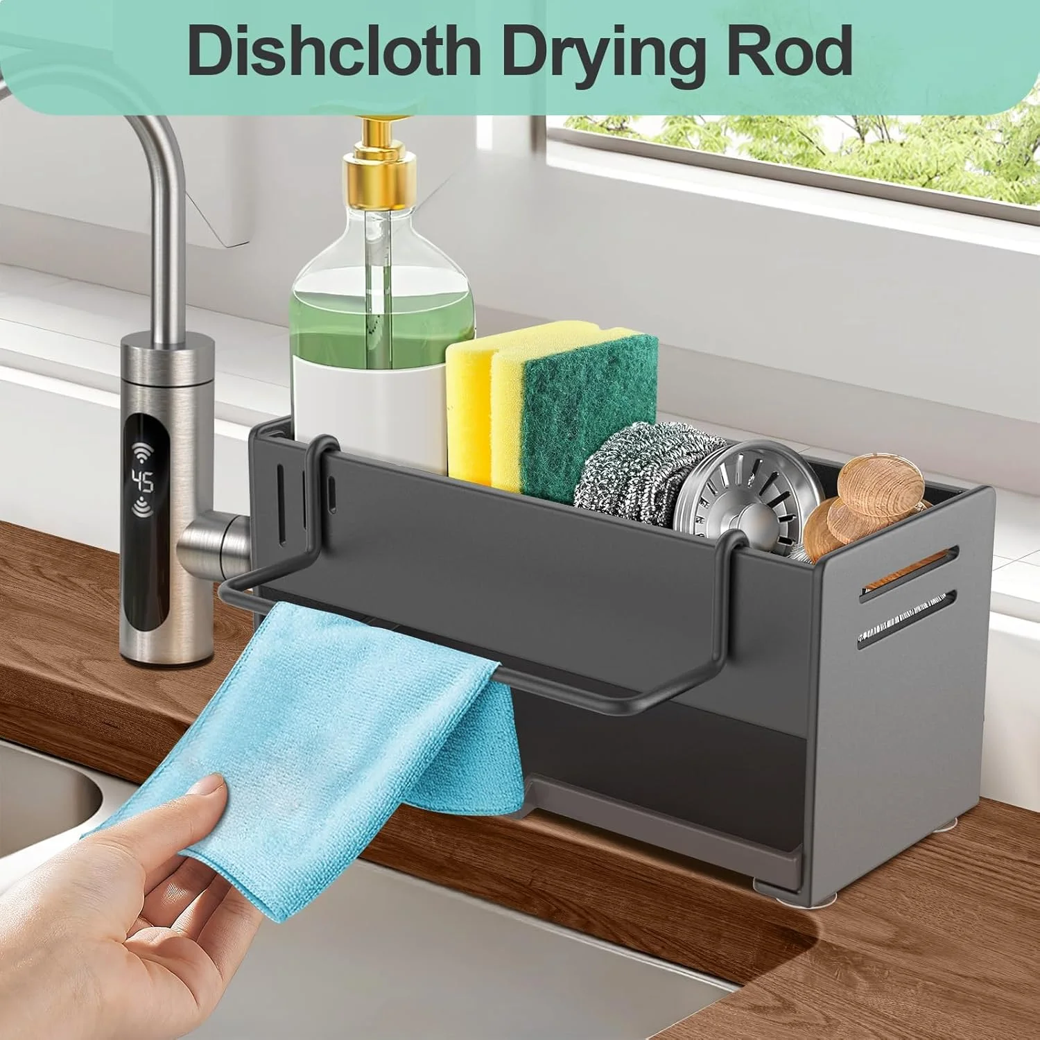 ارگانایزر سینک ظرفشویی با سینی تخلیه، نگهدارنده اسفنج فولاد کربنی و قفسه پارچه ظرفشویی، آبچکان سینک ضد زنگ برای پیشخوان آشپزخانه و نگهداری سینک ارگانایزر سینک ظرفشویی با سینی تخلیه، نگهدارنده اسفنج فولاد کربنی و قفسه پارچه ظرفشویی، آبچکان سینک ضد زنگ برای پیشخوان آشپزخانه و نگهداری سینک