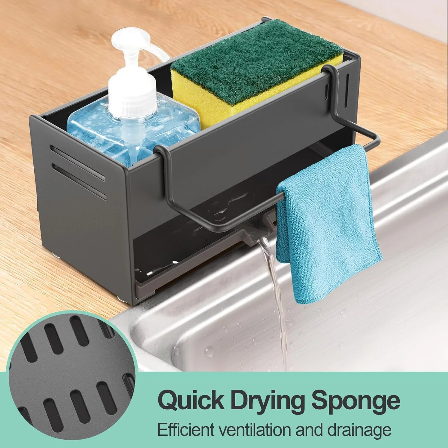 ارگانایزر سینک ظرفشویی با سینی تخلیه، نگهدارنده اسفنج فولاد کربنی و قفسه پارچه ظرفشویی، آبچکان سینک ضد زنگ برای پیشخوان آشپزخانه و نگهداری سینک ارگانایزر سینک ظرفشویی با سینی تخلیه، نگهدارنده اسفنج فولاد کربنی و قفسه پارچه ظرفشویی، آبچکان سینک ضد زنگ برای پیشخوان آشپزخانه و نگهداری سینک