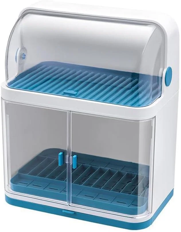 جای کاسه و بشقاب آشپزخانه با درب و سینی تخلیه جداشدنی، قفسه نگهداری دیسک کاسه 2 طبقه، جعبه نگهداری ظروف آشپزخانه برای بشقاب ها، کارد و چنگال، فنجان ها، ظروف