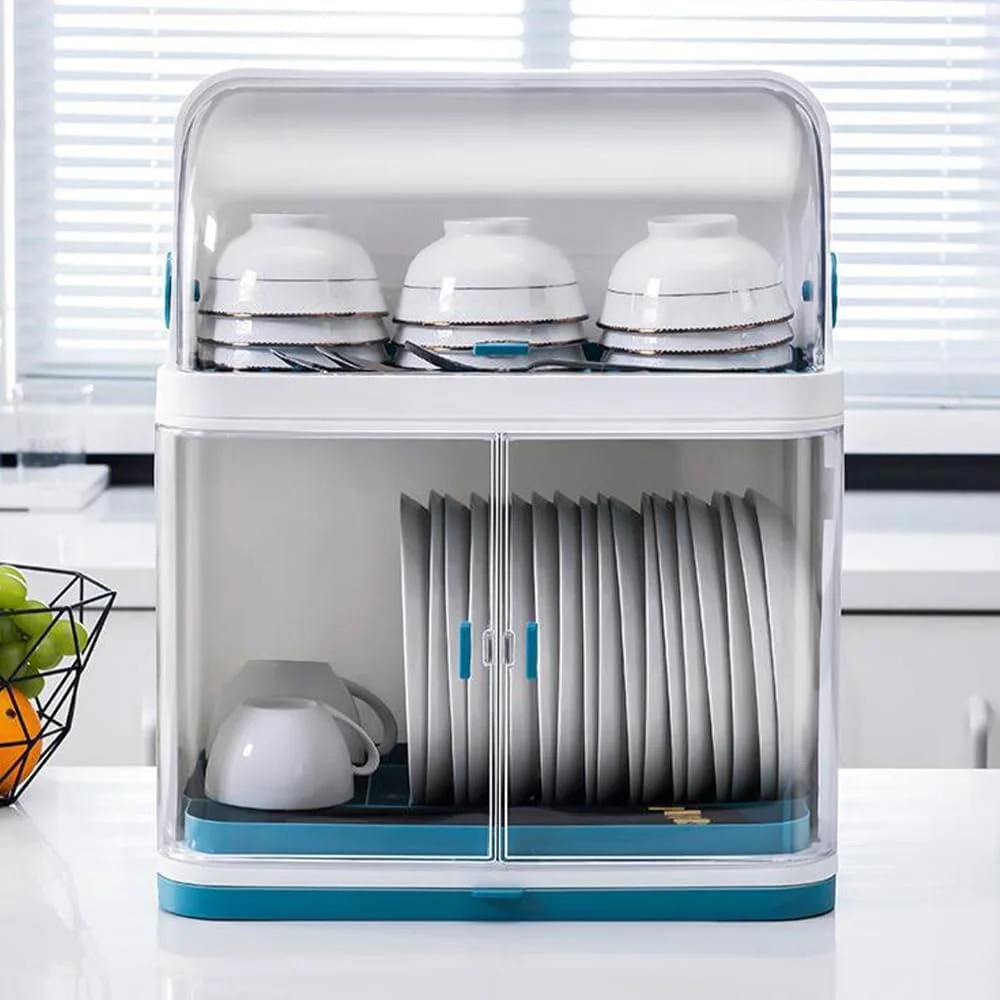 جای کاسه و بشقاب آشپزخانه با درب و سینی تخلیه جداشدنی، قفسه نگهداری دیسک کاسه 2 طبقه، جعبه نگهداری ظروف آشپزخانه برای بشقاب ها، کارد و چنگال، فنجان ها، ظروف