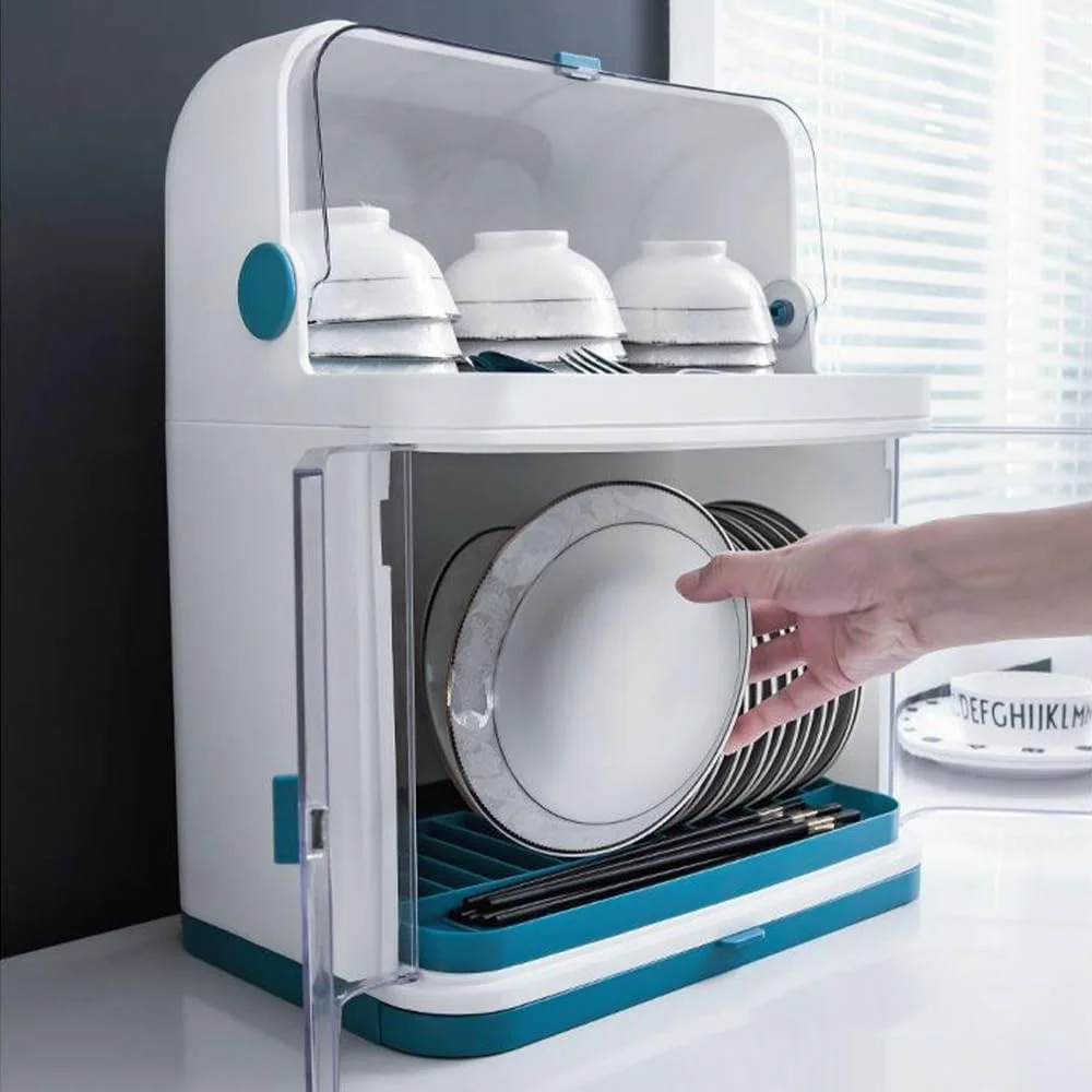 جای کاسه و بشقاب آشپزخانه با درب و سینی تخلیه جداشدنی، قفسه نگهداری دیسک کاسه 2 طبقه، جعبه نگهداری ظروف آشپزخانه برای بشقاب ها، کارد و چنگال، فنجان ها، ظروف