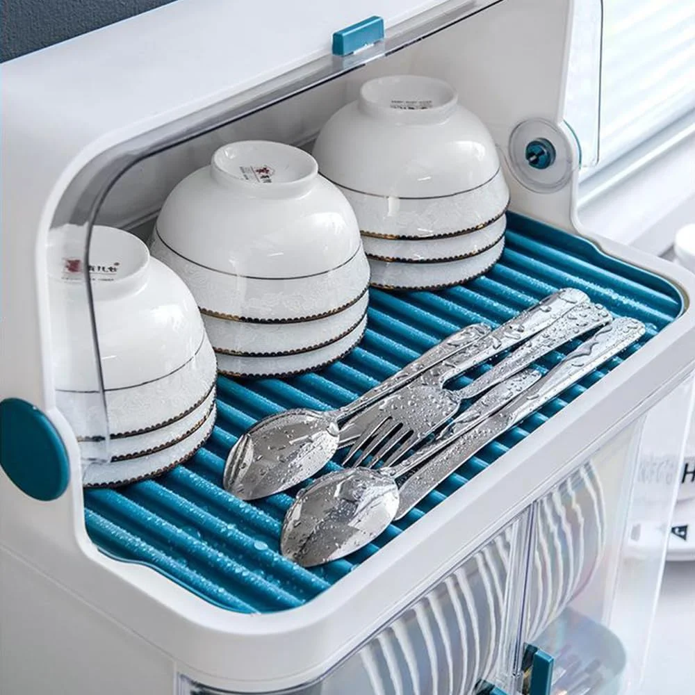 جای کاسه و بشقاب آشپزخانه با درب و سینی تخلیه جداشدنی، قفسه نگهداری دیسک کاسه 2 طبقه، جعبه نگهداری ظروف آشپزخانه برای بشقاب ها، کارد و چنگال، فنجان ها، ظروف