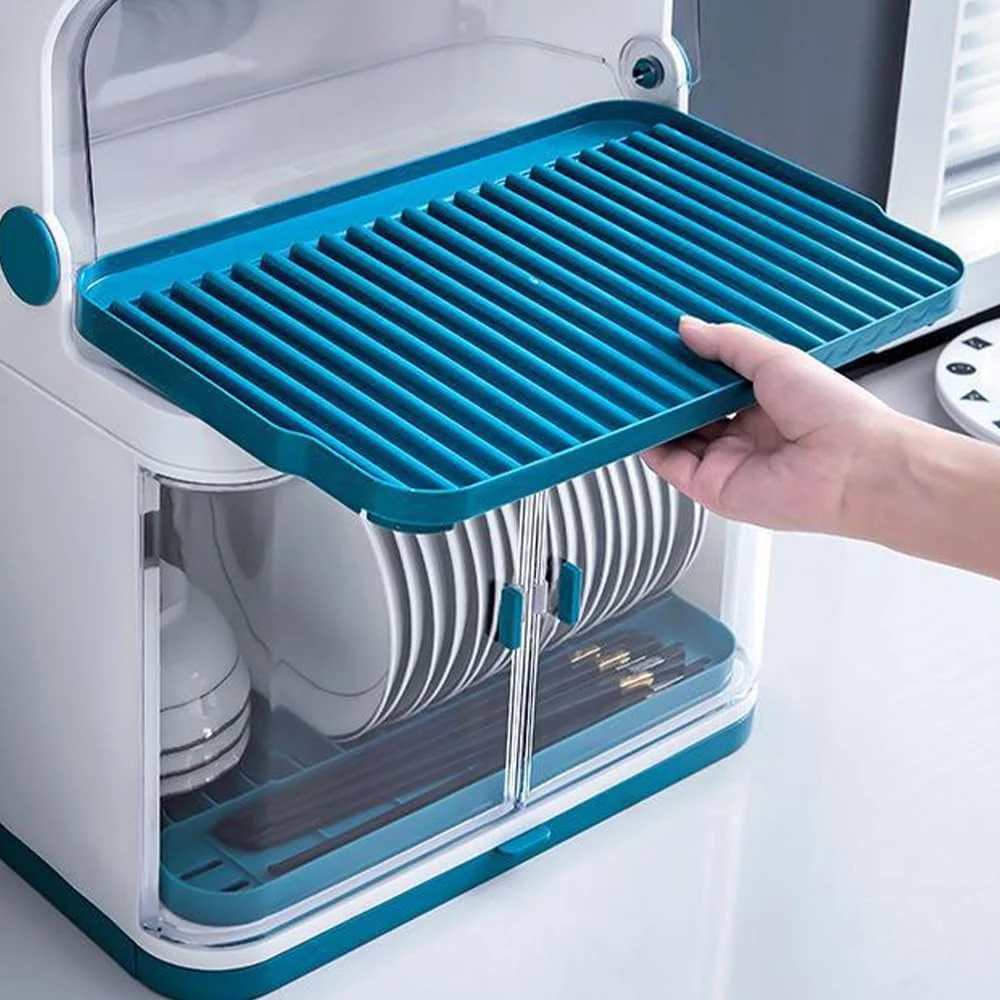 جای کاسه و بشقاب آشپزخانه با درب و سینی تخلیه جداشدنی، قفسه نگهداری دیسک کاسه 2 طبقه، جعبه نگهداری ظروف آشپزخانه برای بشقاب ها، کارد و چنگال، فنجان ها، ظروف