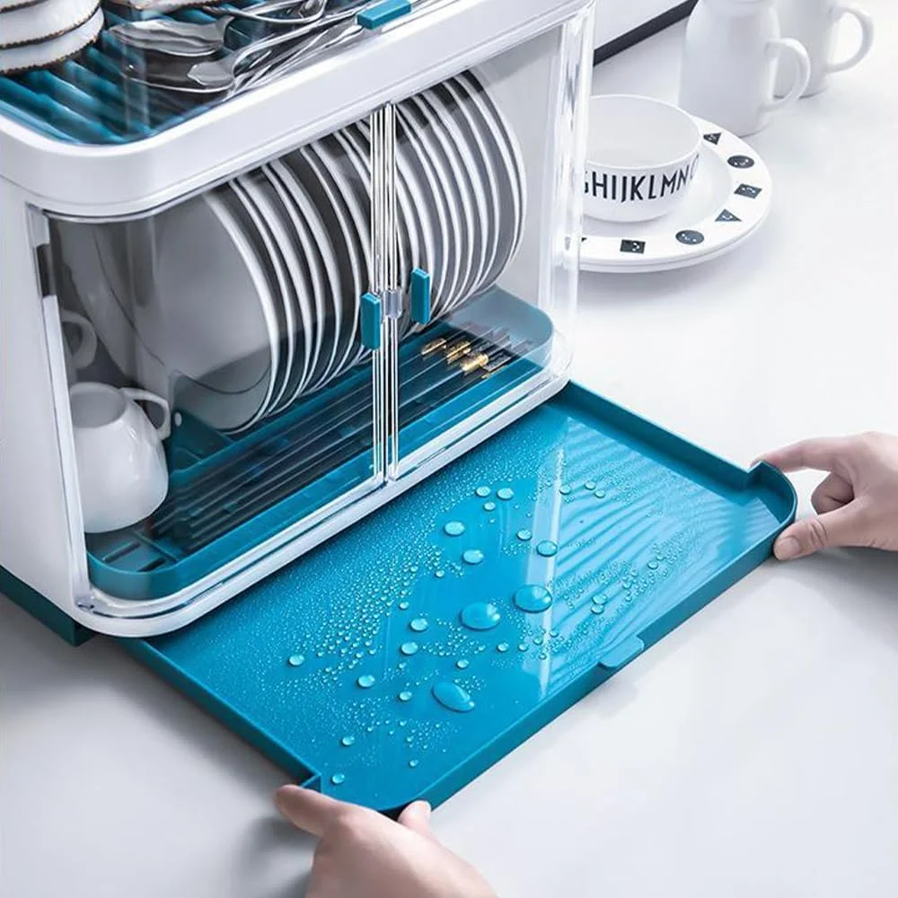 جای کاسه و بشقاب آشپزخانه با درب و سینی تخلیه جداشدنی، قفسه نگهداری دیسک کاسه 2 طبقه، جعبه نگهداری ظروف آشپزخانه برای بشقاب ها، کارد و چنگال، فنجان ها، ظروف