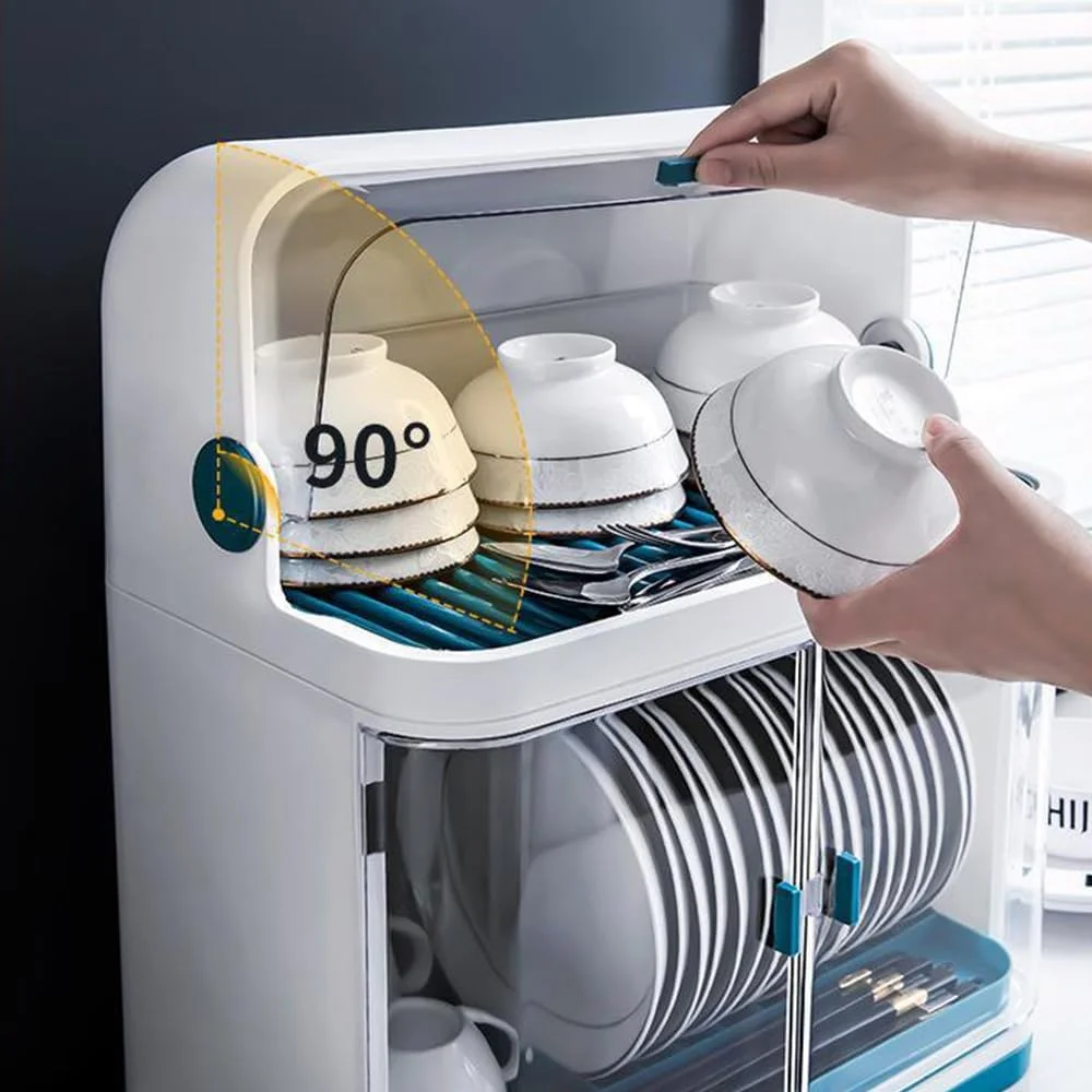 جای کاسه و بشقاب آشپزخانه با درب و سینی تخلیه جداشدنی، قفسه نگهداری دیسک کاسه 2 طبقه، جعبه نگهداری ظروف آشپزخانه برای بشقاب ها، کارد و چنگال، فنجان ها، ظروف