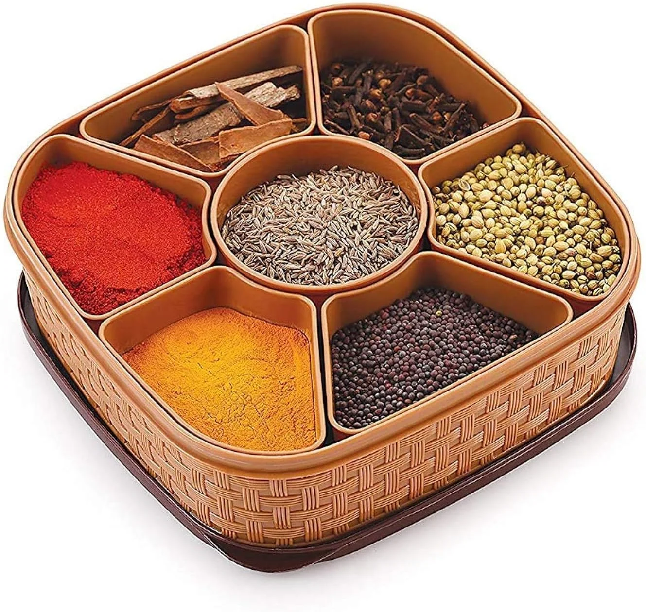 جعبه ادویه NOG برای آشپزخانه، پلاستیکی، مربعی، 7 قسمتی، چند منظوره، جعبه رنگولی ادویه، ست جعبه ادویه، جا ادویه ای و سازمان دهنده ادویه و چاشنی - قهوه ای (جعبه ادویه پلاستیکی - 7 در 1)