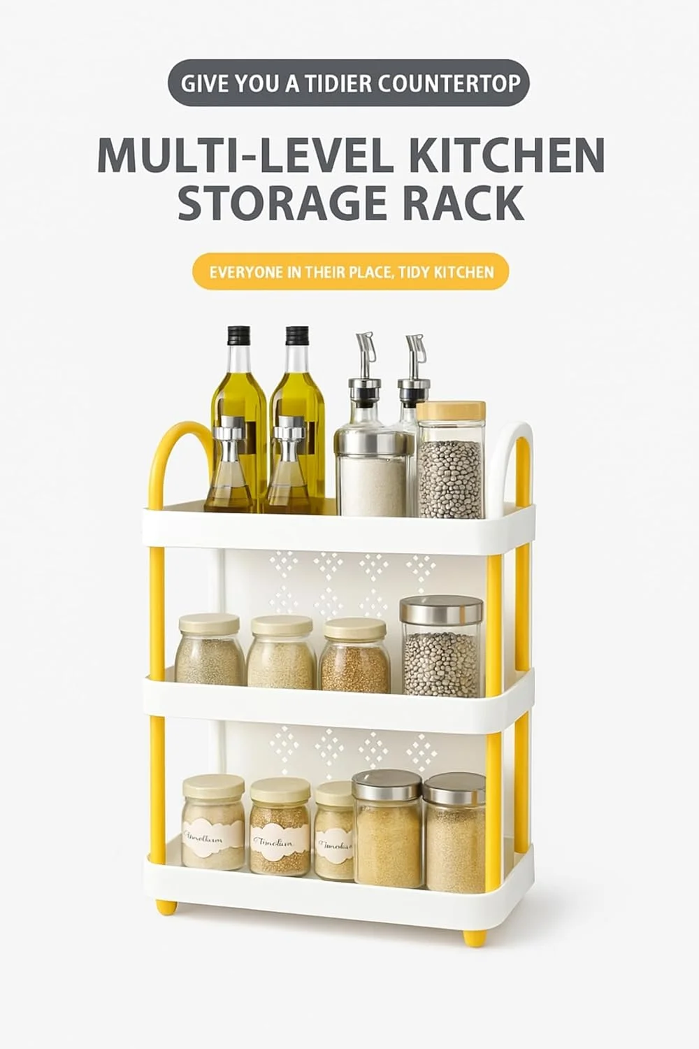 قفسه نظم دهنده آشپزخانه 3 طبقه برای نگهداری ادویه جات، نوشیدنی ها و چاشنی ها، دارای جا لیوانی پلاستیکی با سینی - صرفه جویی در فضا قفسه نظم دهنده آشپزخانه 3 طبقه برای نگهداری ادویه جات، نوشیدنی ها و چاشنی ها، دارای جا لیوانی پلاستیکی با سینی - صرفه جویی در فضا