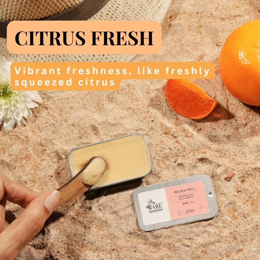 دئودورانت جامد Bare Necessities Rock n Roll با رایحه مرکبات | جلوگیری از بوی بدن و مرطوب کننده پوست | بدون آلومینیوم، الکل و پارابن | عطر جامد زیر بغل با طراوت برای پوست حساس، مناسب برای خانم ها و آقایان - 15 گرم دئودورانت جامد Bare Necessities Rock n Roll با رایحه مرکبات | جلوگیری از بوی بدن و مرطوب کننده پوست | بدون آلومینیوم، الکل و پارابن | عطر جامد زیر بغل با طراوت برای پوست حساس، مناسب برای خانم ها و آقایان - 15 گرم