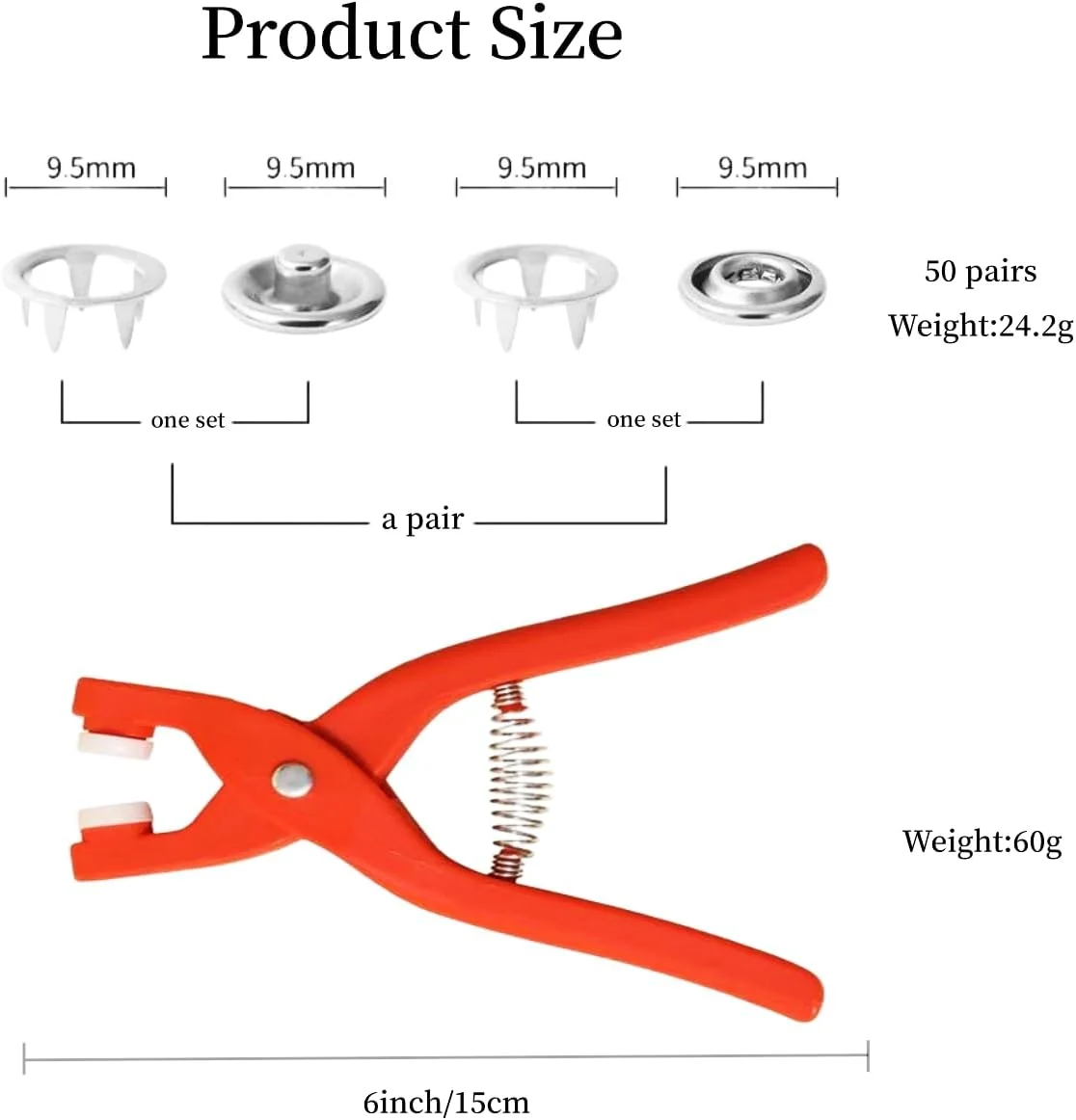 دکمه های فشاری فلزی، کیت بست های فشاری، 50 ست، مجموعه ابزار انبردست نصب، دکمه های فشاری پارچه ای 9.5 میلی متری بدون نیاز به دوخت، برای صنایع دستی DIY، کلاه، چرم دوزی، لباس