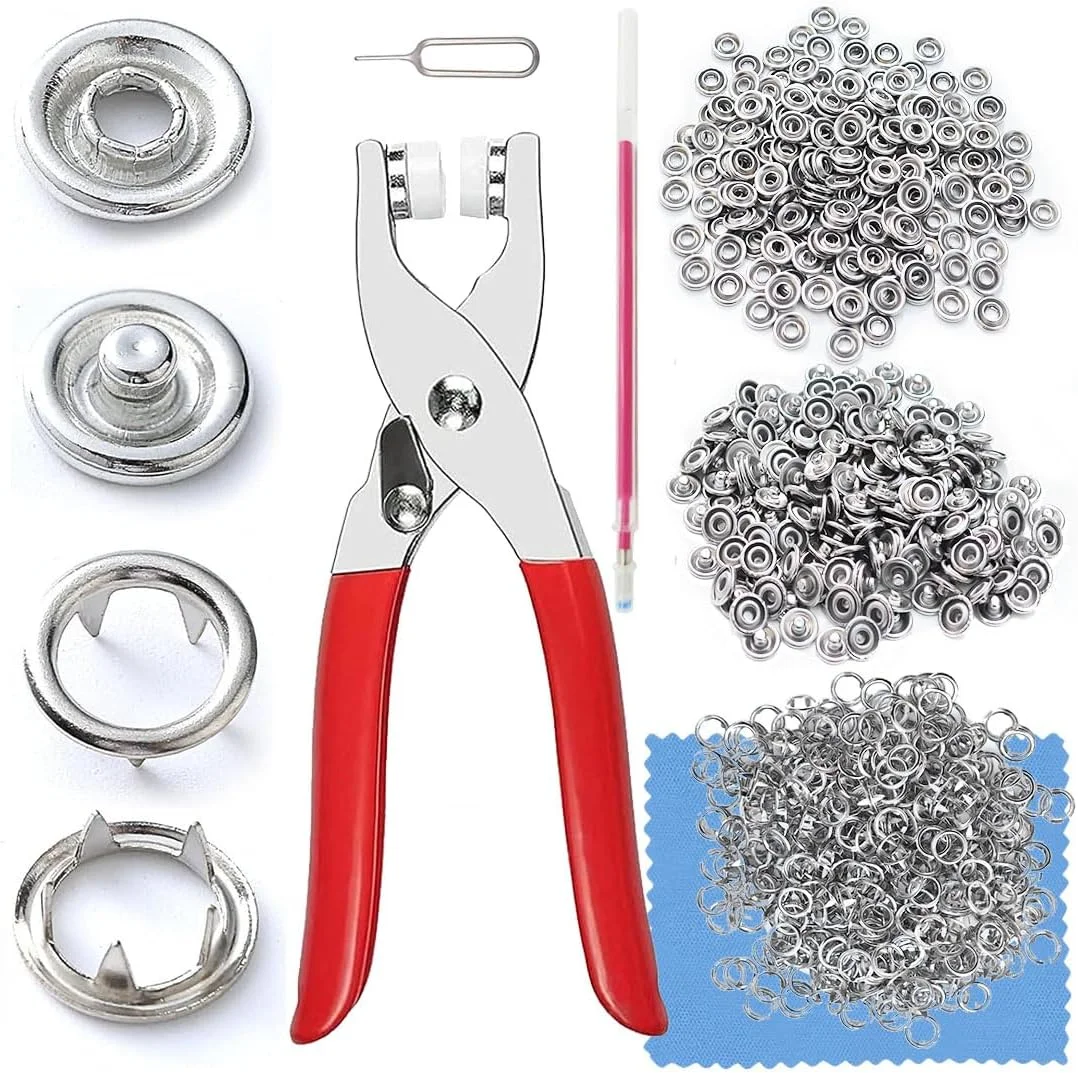 ست 200 عددی دکمه فشاری SHSMPXOY، کیت دکمه های فلزی 9.5 میلی متری به همراه انبردست، دکمه های پرسی فلزی بدون نیاز به دوخت برای پارچه، لباس، کیف و صنایع دستی DIY