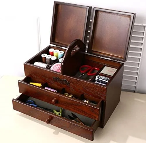 جعبه خیاطی، جعبه خیاطی چوبی بزرگ با 2 کشو برای سازماندهی آسان خانه - سازمان دهنده ابزار خیاطی با محفظه، ایده آل برای نگهداری و حمل گلدوزی جعبه خیاطی، جعبه خیاطی چوبی بزرگ با 2 کشو برای سازماندهی آسان خانه - سازمان دهنده ابزار خیاطی با محفظه، ایده آل برای نگهداری و حمل گلدوزی