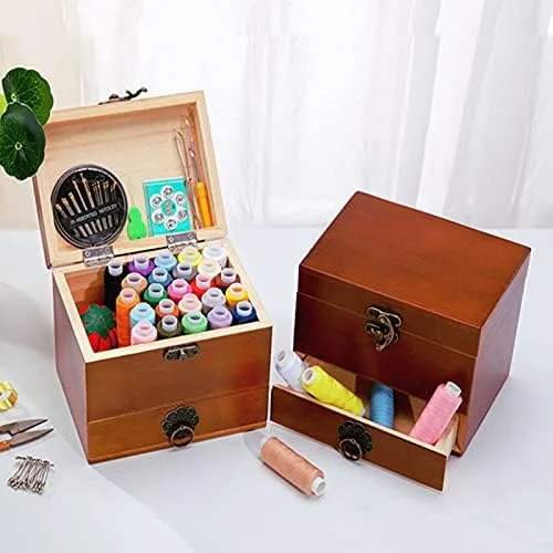 جعبه خیاطی، سبد ابزار خیاطی، جعبه خیاطی رترو با لوازم جانبی، مناسب برای خانواده، مسافرت، مادربزرگ، خانم ها، دوستداران خیاطی، 14.6X11.5X10.6 سانتی متر، قهوه ای
