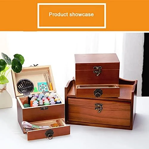 جعبه خیاطی، سبد ابزار خیاطی، جعبه خیاطی رترو با لوازم جانبی، مناسب برای خانواده، مسافرت، مادربزرگ، خانم ها، دوستداران خیاطی، 14.6X11.5X10.6 سانتی متر، قهوه ای