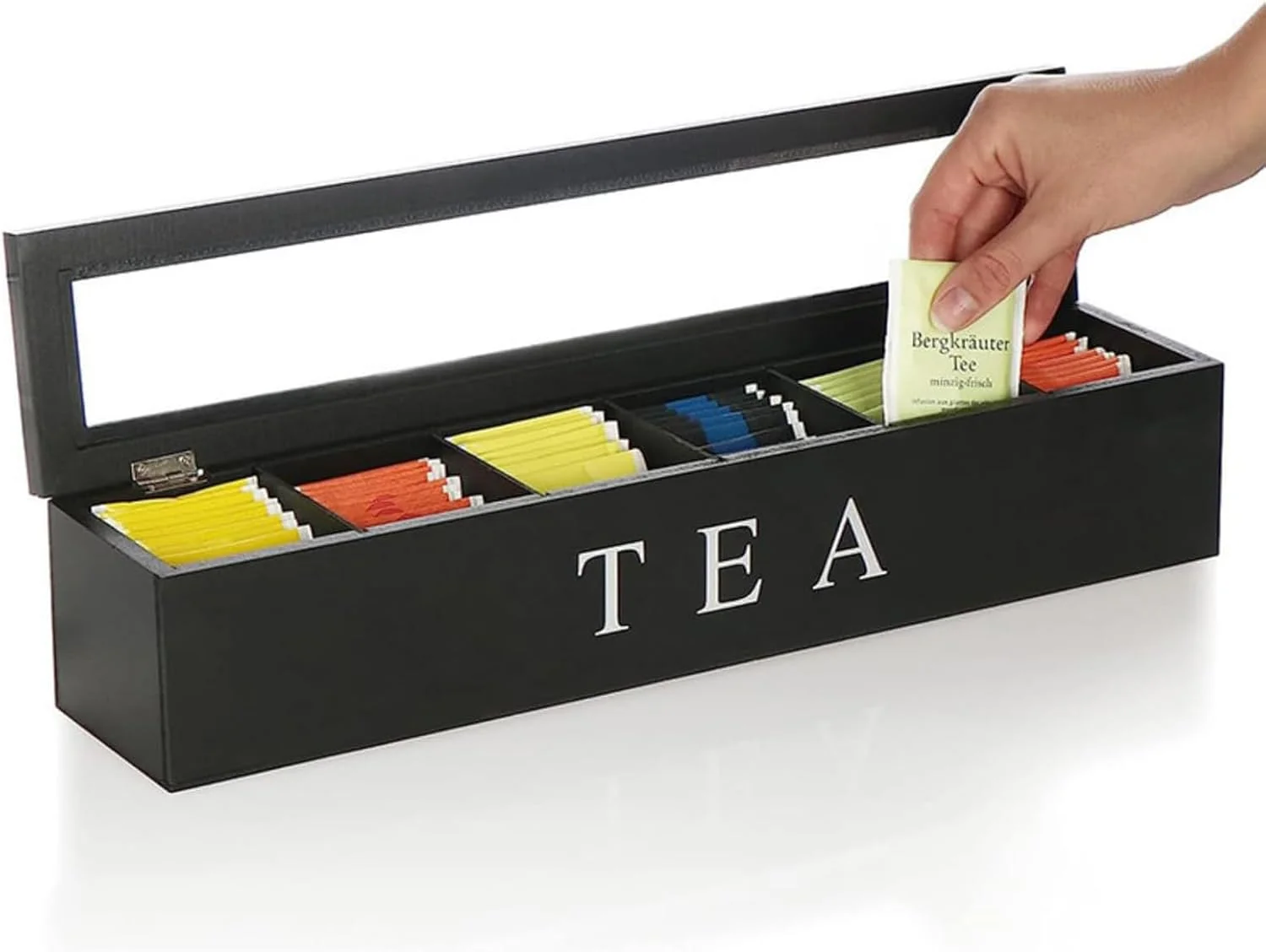 جعبه نظم دهنده چای کیسه ای KASTWAVE، دارای 6 محفظه برای کابینت آشپزخانه، با 5 قسمت جداگانه، مناسب برای کابینت، روی میز، جعبه نگهداری چای، نگهدارنده انواع بسته های نوشیدنی (مشکی)