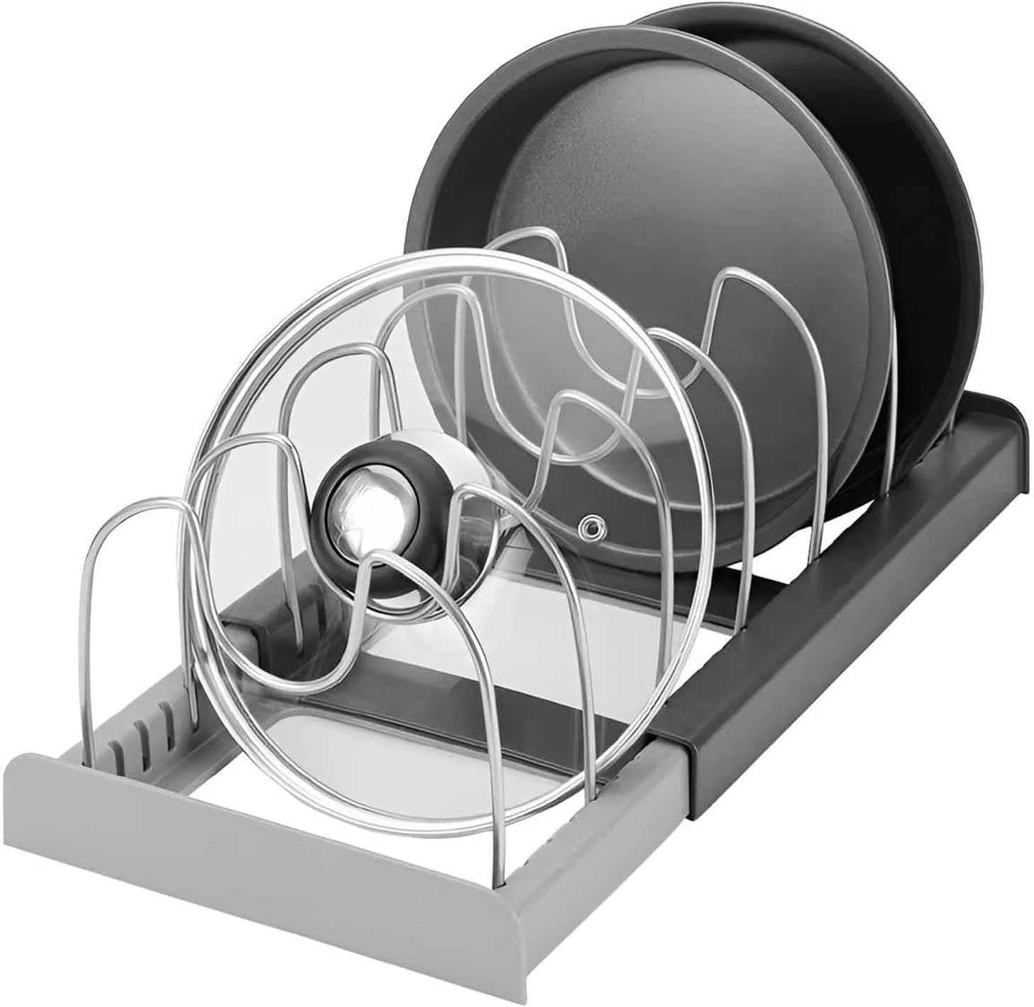 نگهدارنده درب قابلمه KASTWAVE برای کابینت، قفسه قابل تنظیم ظروف و تابه، نگهدارنده درب قابلمه قابل گسترش برای نگهداری روی پیشخوان آشپزخانه، 7 محفظه، عرض 30.2 تا 55.8 سانتی متر