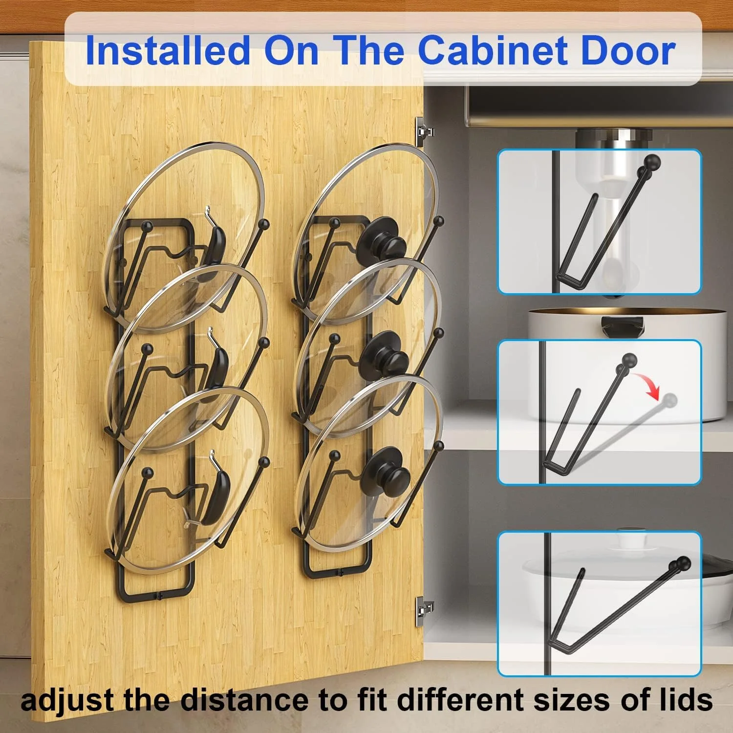 نگهدارنده درب قابلمه KASTWAVE، بسته 2 عددی، قفسه 6 طبقه برای درب قابلمه، قابل نصب روی درب کابینت/دیوار، نگهدارنده درب قابلمه قابل استفاده مجدد برای نگهداری در آشپزخانه با چسب بدون نیاز به سوراخ کاری، مشکی