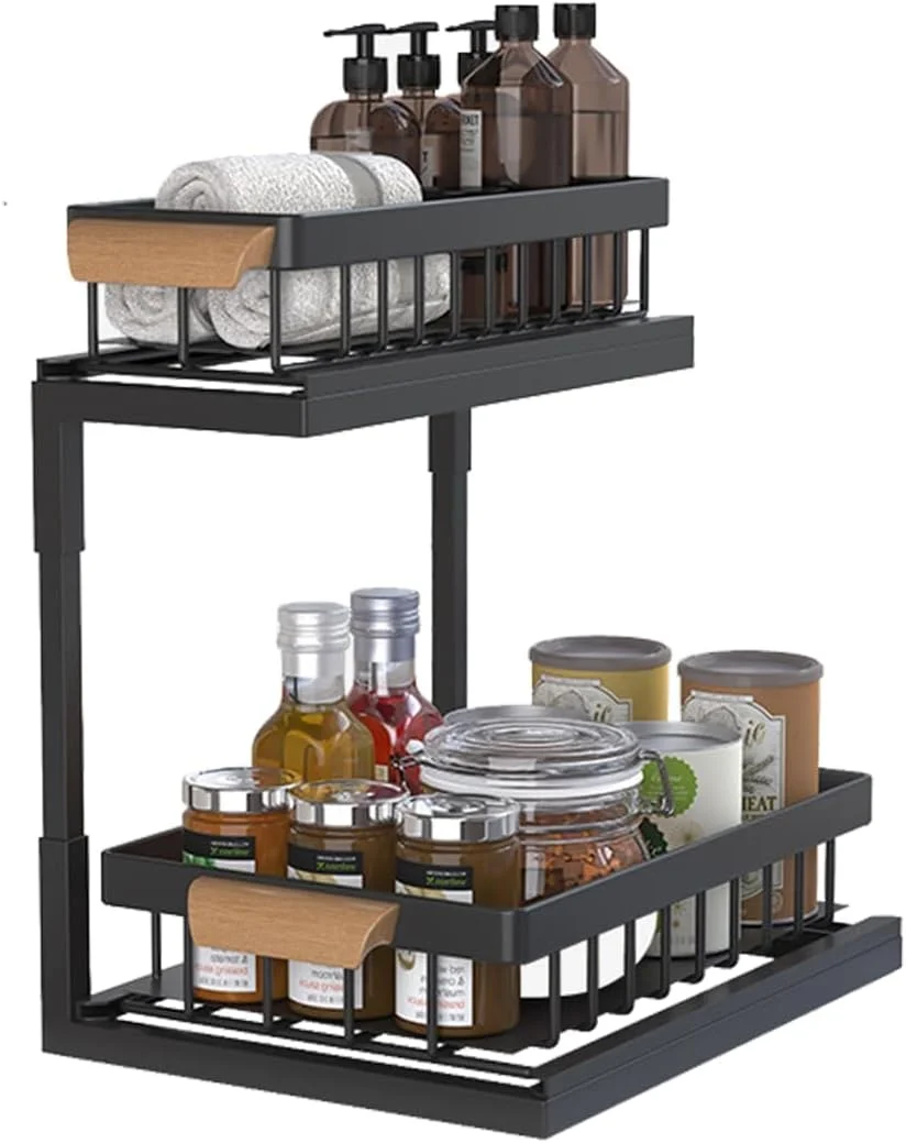 ارگانایزر زیر سینک KASTWAVE، قفسه کابینت 2 طبقه قابل گسترش، قفسه ذخیره سازی قابل تنظیم ایستاده برای کابینت، آشپزخانه، حمام، قفسه نگهداری کفش، مشکی