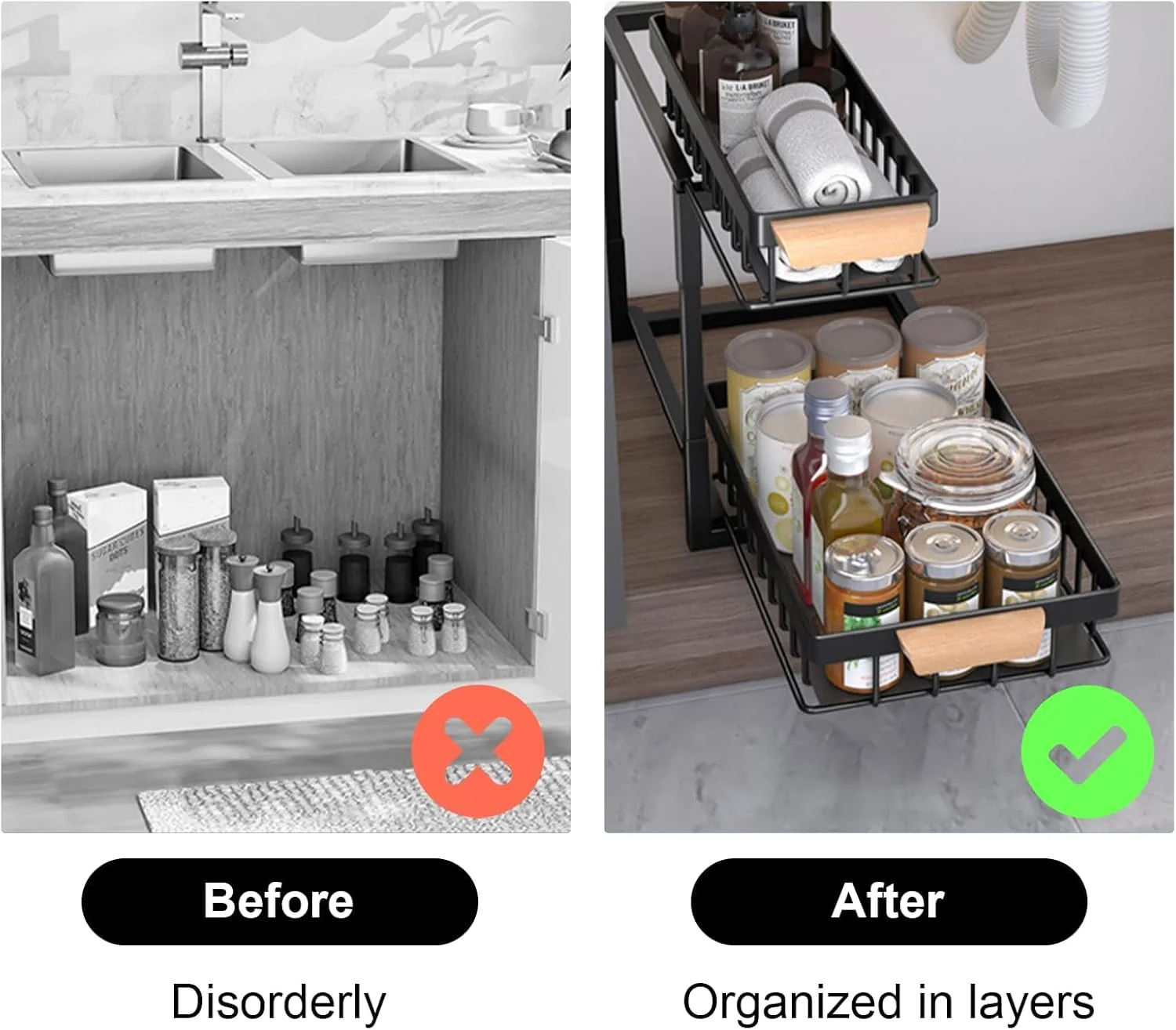 ارگانایزر زیر سینک KASTWAVE، قفسه کابینت 2 طبقه قابل گسترش، قفسه ذخیره سازی قابل تنظیم ایستاده برای کابینت، آشپزخانه، حمام، قفسه نگهداری کفش، مشکی ارگانایزر زیر سینک KASTWAVE، قفسه کابینت 2 طبقه قابل گسترش، قفسه ذخیره سازی قابل تنظیم ایستاده برای کابینت، آشپزخانه، حمام، قفسه نگهداری کفش، مشکی