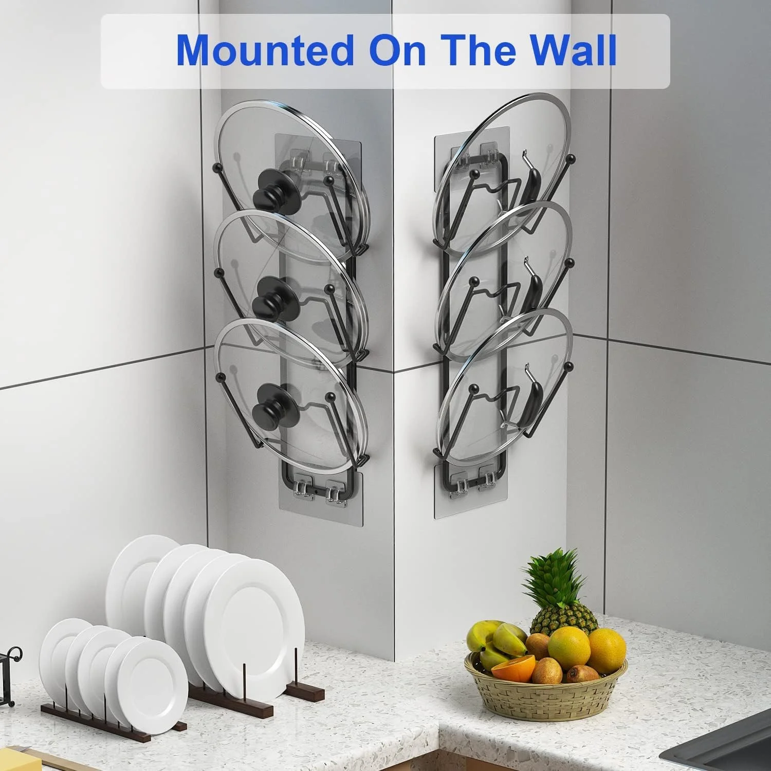 نگهدارنده درب قابلمه KASTWAVE، بسته 2 عددی، قفسه 6 طبقه برای درب قابلمه، قابل نصب روی درب کابینت/دیوار، نگهدارنده درب قابلمه قابل استفاده مجدد برای نگهداری در آشپزخانه با چسب بدون نیاز به سوراخ کاری، مشکی