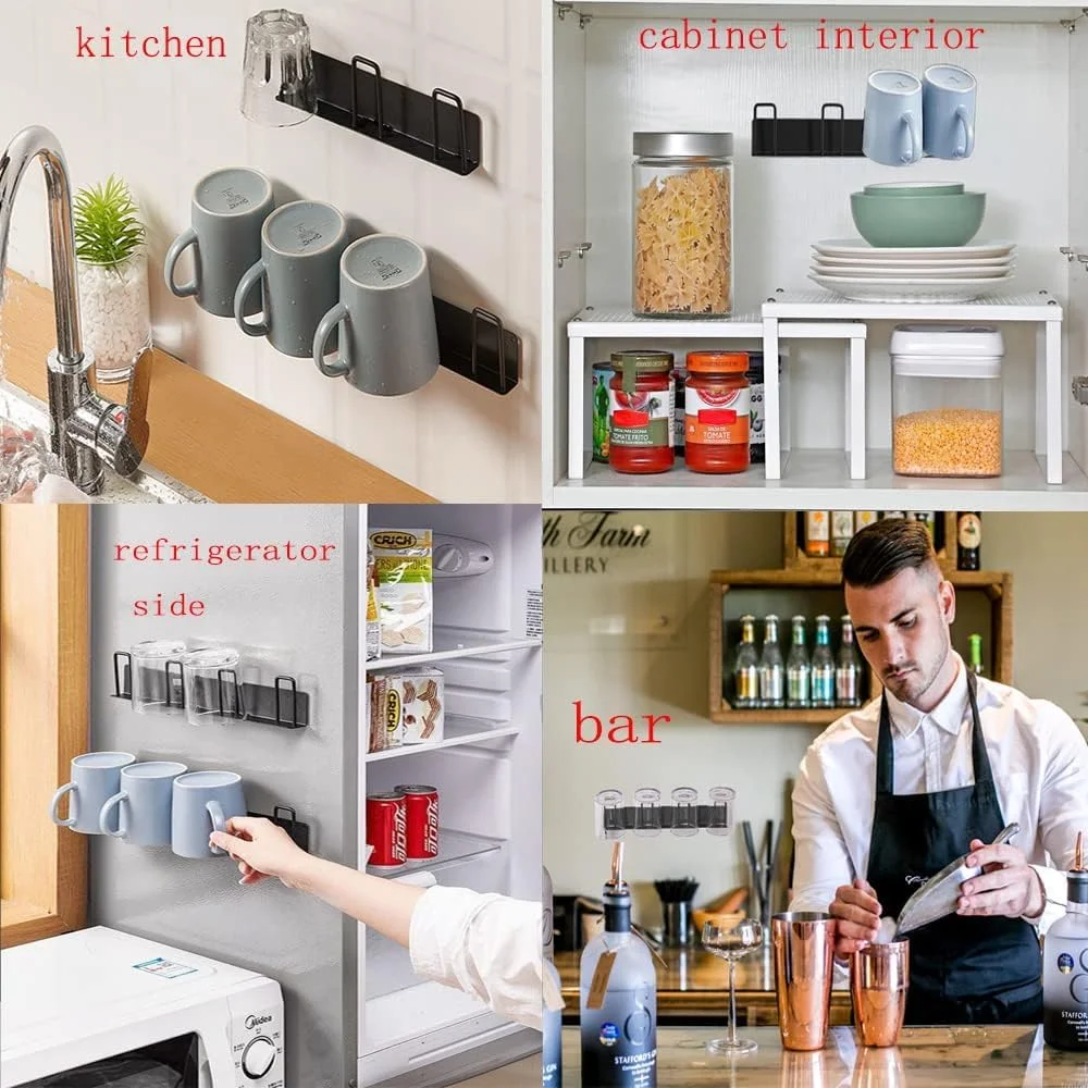 نگهدارنده لیوان KASTWAVE، نصب دیواری، بسته 2 عددی، آویز قفسه فنجان قهوه فلزی مدرن با 4 نگهدارنده فنجان، سازمان دهنده نگهداری فنجان چای بدون نیاز به سوراخ کاری برای آشپزخانه، اتاق غذاخوری، اتاق، کافی بار، مشکی