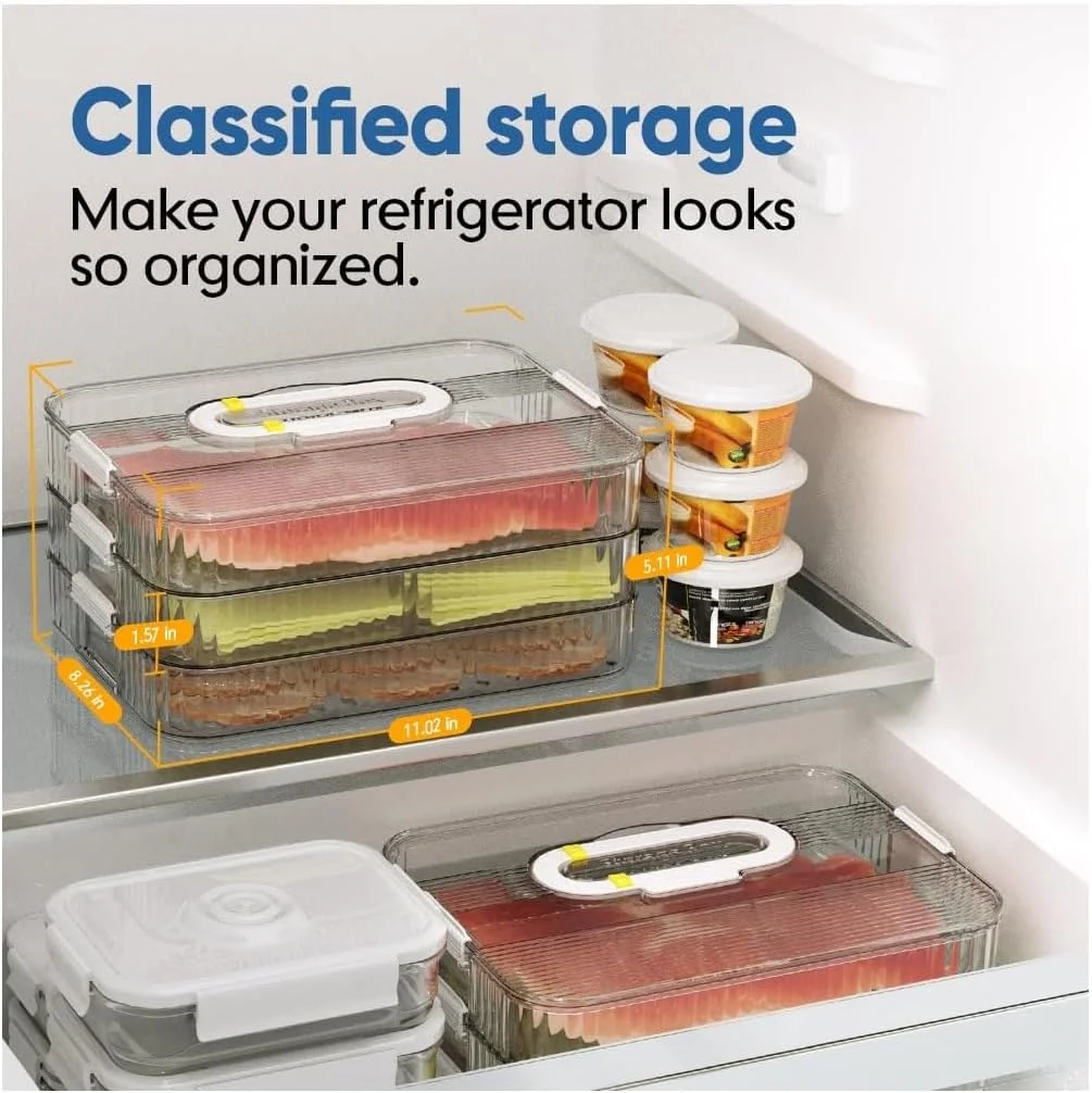 ظرف نگهداری مواد غذایی درب دار KASTWAVE، سازمان دهنده یخچال 3 طبقه برای آشپزخانه، ایده آل برای نگهداری بیکن و پنیر