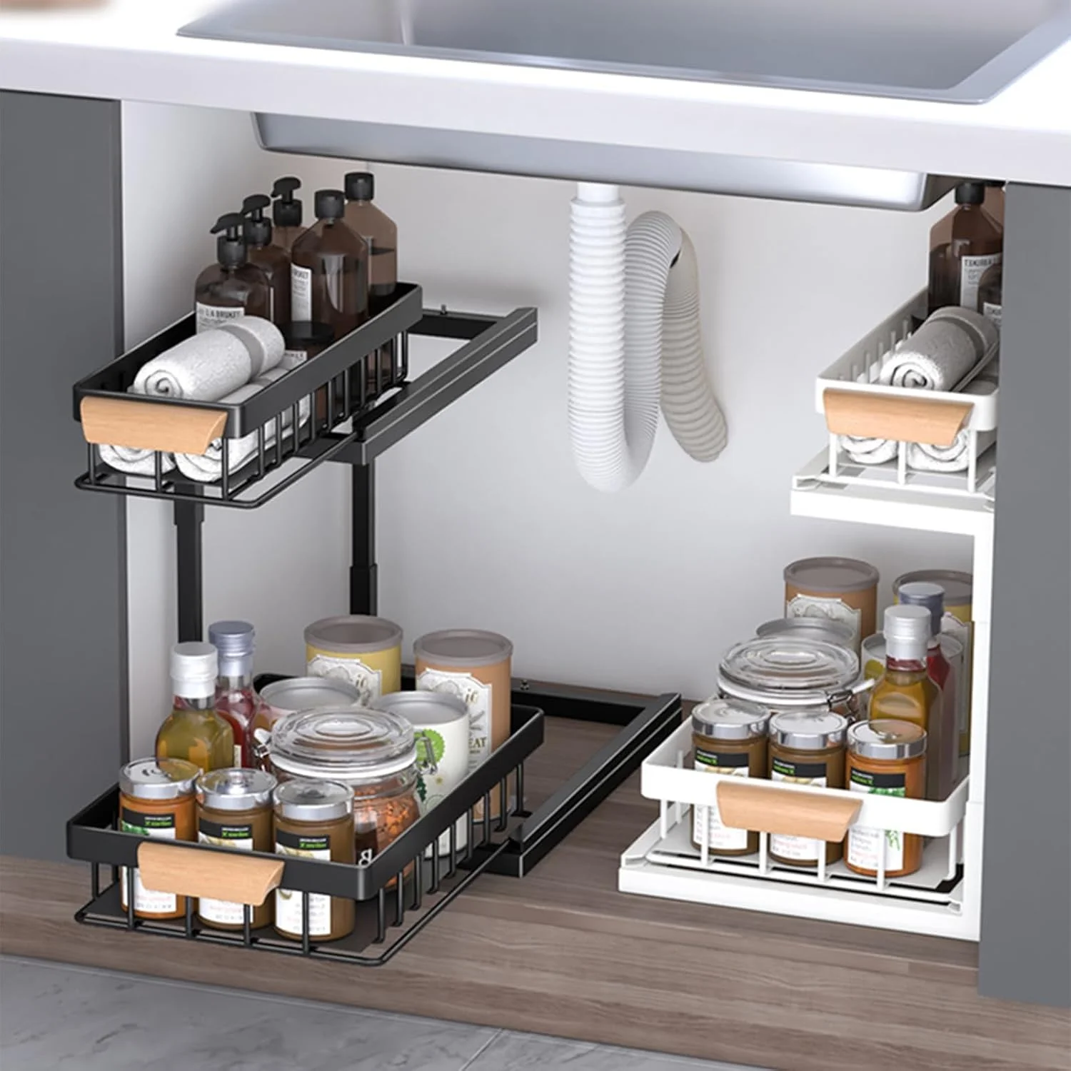 ارگانایزر زیر سینک KASTWAVE، قفسه کابینت 2 طبقه قابل گسترش، قفسه ذخیره سازی قابل تنظیم ایستاده برای کابینت، آشپزخانه، حمام، قفسه نگهداری کفش، مشکی ارگانایزر زیر سینک KASTWAVE، قفسه کابینت 2 طبقه قابل گسترش، قفسه ذخیره سازی قابل تنظیم ایستاده برای کابینت، آشپزخانه، حمام، قفسه نگهداری کفش، مشکی