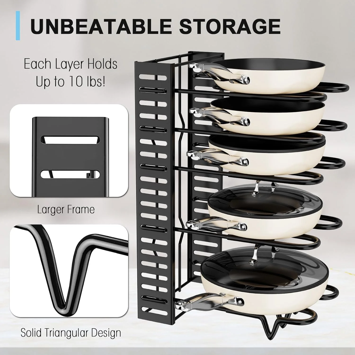 قفسه قابل تنظیم 8 طبقه KASTWAVE، قفسه سنگین سازمان دهنده قابلمه و تابه برای کابینت، مناسب برای نگهداری قابلمه و تابه در زیر کابینت، ایده آل برای قابلمه، تابه و درب - سازماندهی و نگهداری آسان آشپزخانه
