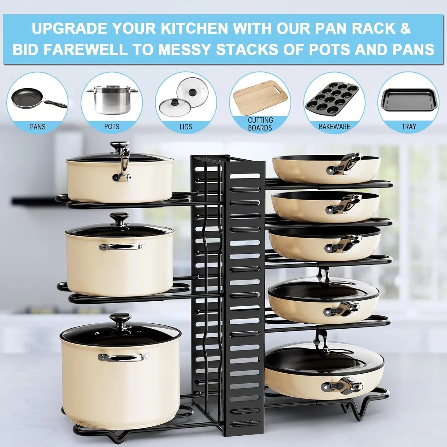 قفسه قابل تنظیم 8 طبقه KASTWAVE، قفسه سنگین سازمان دهنده قابلمه و تابه برای کابینت، مناسب برای نگهداری قابلمه و تابه در زیر کابینت، ایده آل برای قابلمه، تابه و درب - سازماندهی و نگهداری آسان آشپزخانه