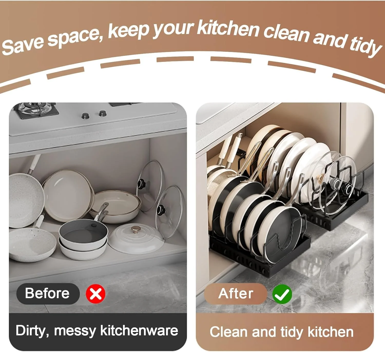 ارگانایزر قابلمه و تابه KASTWAVE، نگهدارنده درب قابلمه کشویی و قفسه تابه در آشپزخانه، ارگانایزر قابلمه و تابه کشویی برای کابینت، برای درب قابلمه، ظروف پخت، بشقاب، نگهداری قابلمه و تابه (مشکی)