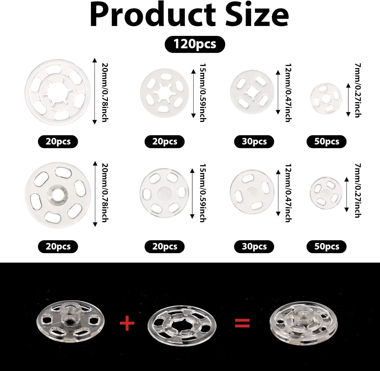 سالبسور 120 عدد دکمه فشاری پلاستیکی برای دوخت، دکمه های نامرئی گرد و شفاف برای دوخت پیراهن، لباس و کارهای دستی، 7mm 12mm 15mm 20mm سالبسور 120 عدد دکمه فشاری پلاستیکی برای دوخت، دکمه های نامرئی گرد و شفاف برای دوخت پیراهن، لباس و کارهای دستی، 7mm 12mm 15mm 20mm