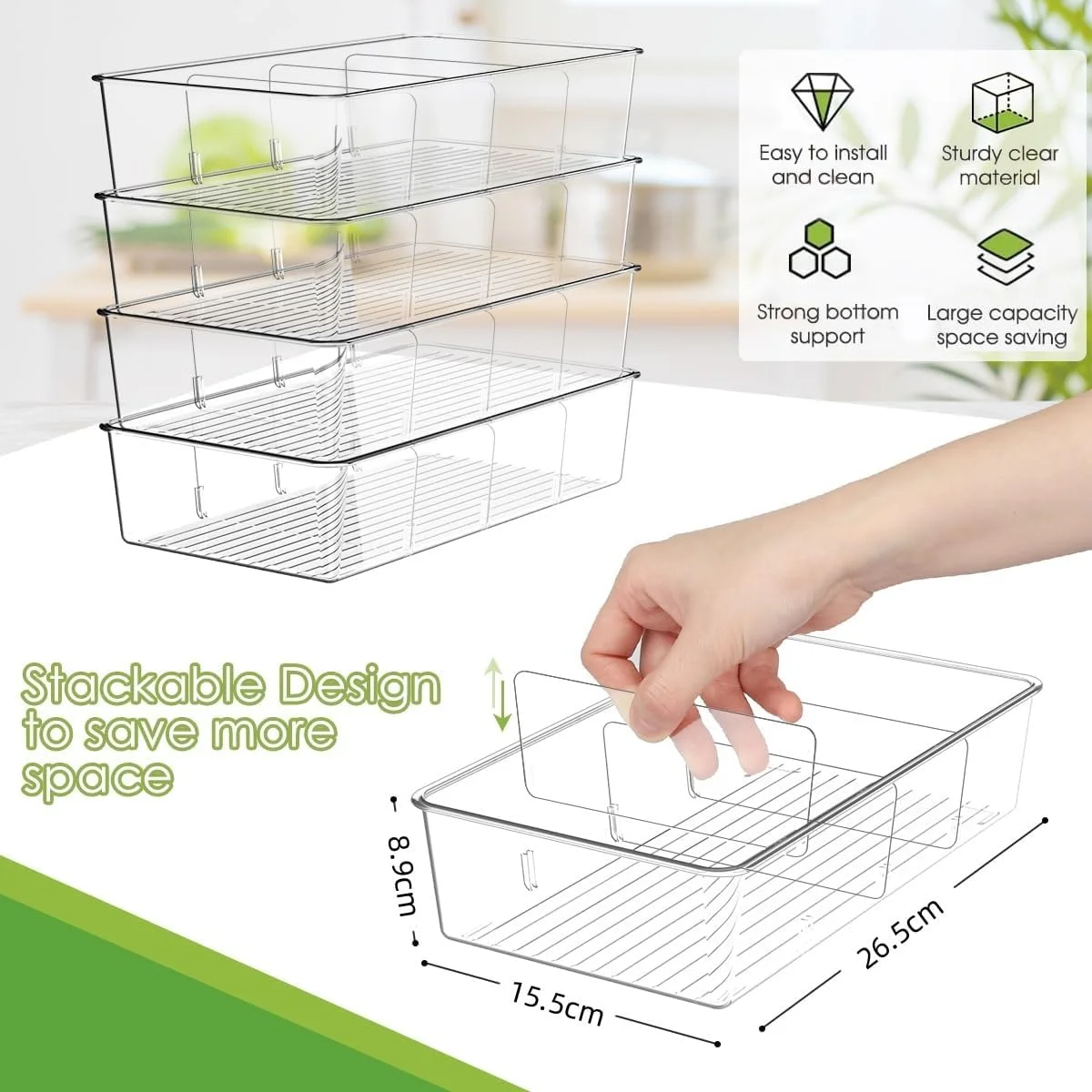 ظروف نگهداری مواد غذایی شفاف Kameety، ظروف پلاستیکی جداشدنی برای تنقلات، قفسه های نگهداری مواد غذایی با جداکننده های متحرک، مناسب برای بسته ها، تنقلات، ادویه جات، آشپزخانه (بسته 4 عددی)