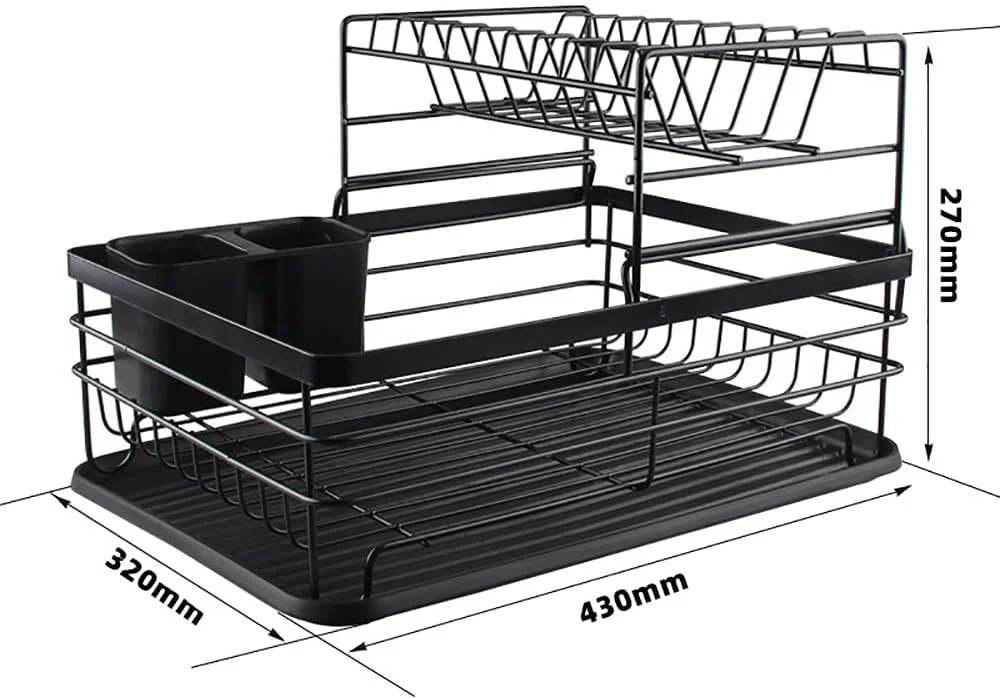 آبچکان ظروف JJONE با سینی تخلیه آب، آبچکان بزرگ آشپزخانه دو طبقه، قفسه نگهداری کاسه و بشقاب، جا قاشقی و چنگالی، آبچکان با ظرفیت زیاد و ضد باکتری برای روی کابینت آشپزخانه (مشکی-B)