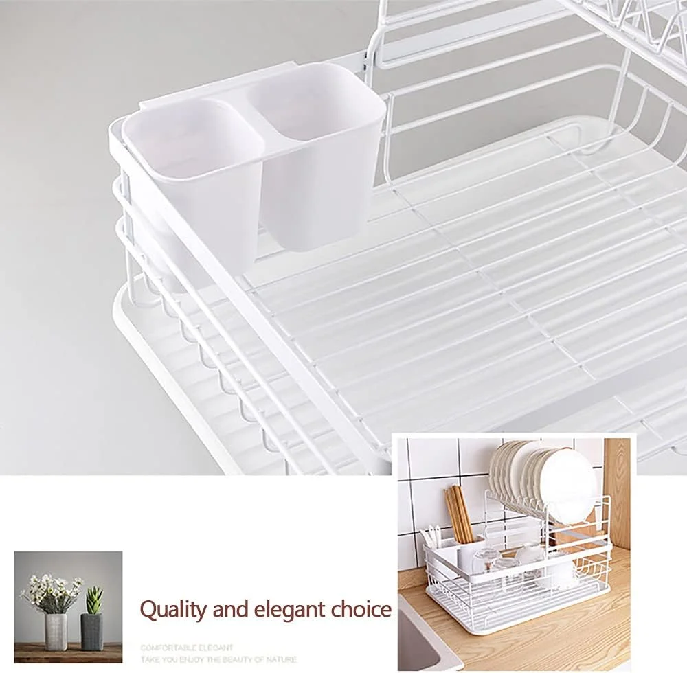 آبچکان ظروف JJONE با سینی تخلیه آب، آبچکان بزرگ آشپزخانه دو طبقه، قفسه نگهداری کاسه و بشقاب، جا قاشقی و چنگالی، آبچکان با ظرفیت زیاد و ضد باکتری برای روی کابینت آشپزخانه (مشکی-B)