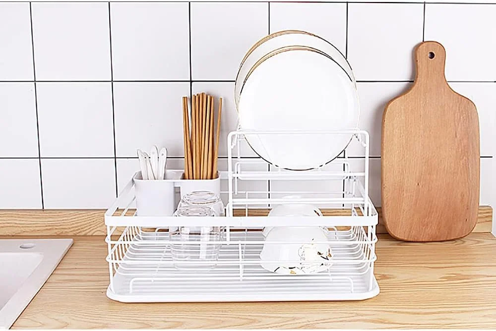 آبچکان ظروف JJONE با سینی تخلیه آب، آبچکان بزرگ آشپزخانه دو طبقه، قفسه نگهداری کاسه و بشقاب، جا قاشقی و چنگالی، آبچکان با ظرفیت زیاد و ضد باکتری برای روی کابینت آشپزخانه (مشکی-B)