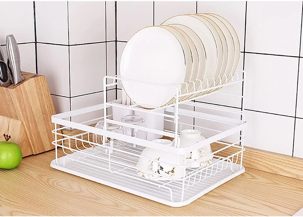 آبچکان ظروف JJONE با سینی تخلیه آب، آبچکان بزرگ آشپزخانه دو طبقه، قفسه نگهداری کاسه و بشقاب، جا قاشقی و چنگالی، آبچکان با ظرفیت زیاد و ضد باکتری برای روی کابینت آشپزخانه (مشکی-B)