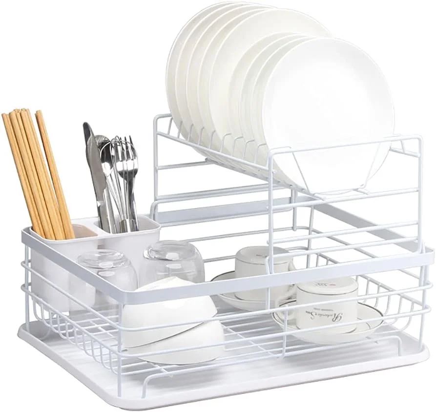 آبچکان ظروف JJONE با سینی تخلیه آب، آبچکان بزرگ آشپزخانه دو طبقه، قفسه نگهداری کاسه و بشقاب، جا قاشقی و چنگالی، آبچکان با ظرفیت زیاد و ضد باکتری برای روی کابینت آشپزخانه (مشکی-B)